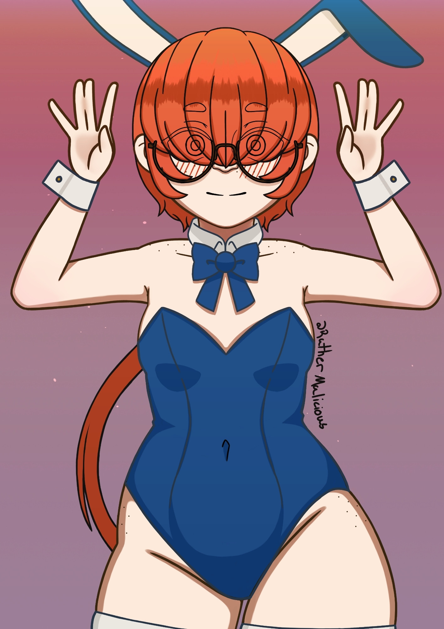 Colored art of Cassie wearing s blue bunny suit, smiling and holding her hands up like they were bunny ears.