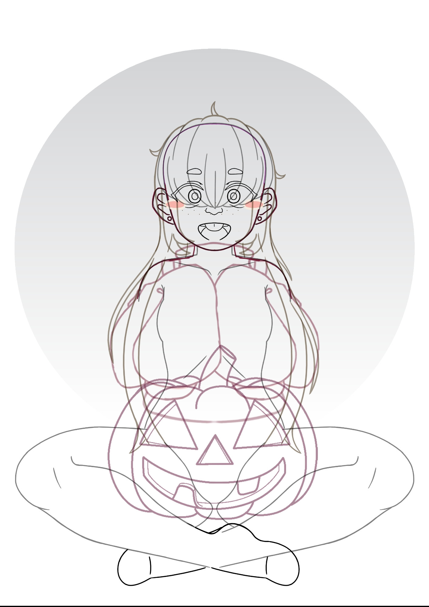 Sketch artwork of Cassie sitting Indian style with a pumpkin on her lap. She's wearing an oversized hoodie with her sleeves way past her hands and fingers. 