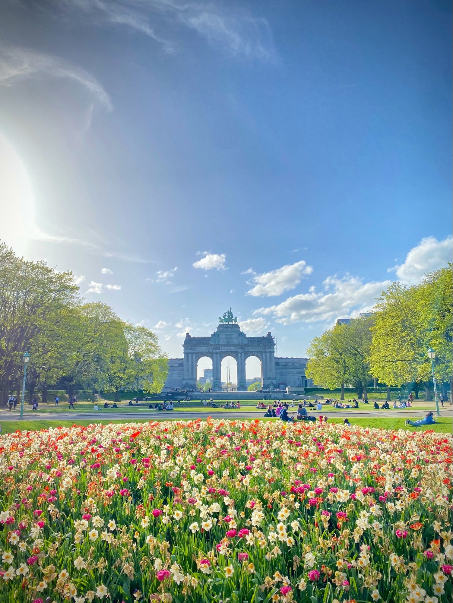 A park with a field of flowers in the foreground and a triumph arc and trees in the background, under a blue sky with a few clouds and a lot of sun.