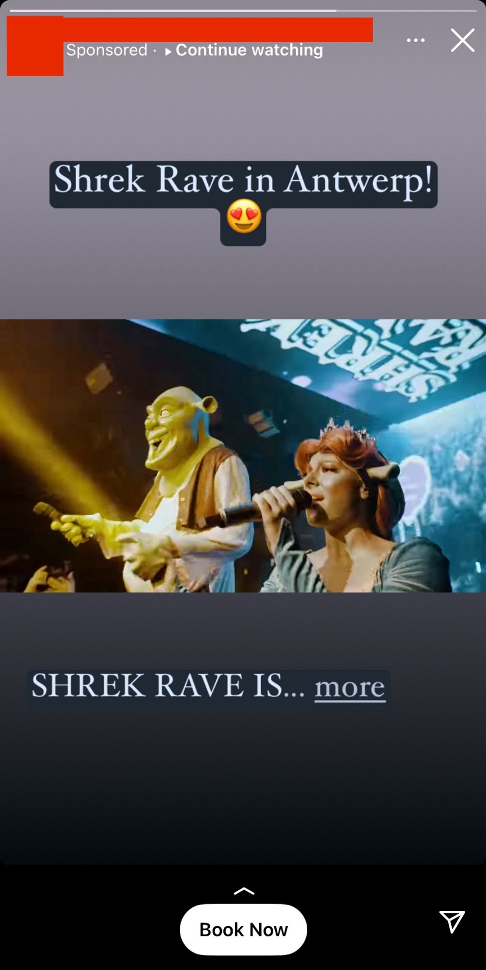 Screenshot from Instagram with a sponsored post for a Shrek Rave in Antwerp with a photo of two people at a stage with mics, dressed up as Shrek characters.