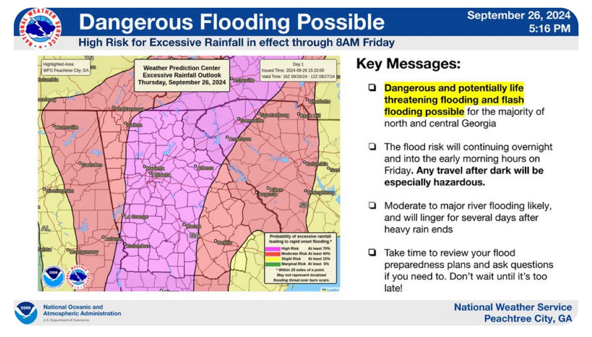 NWS alert, “dangerous flooding possible” with a pink band of “high risk” area going through Atlanta and right up to Asheville