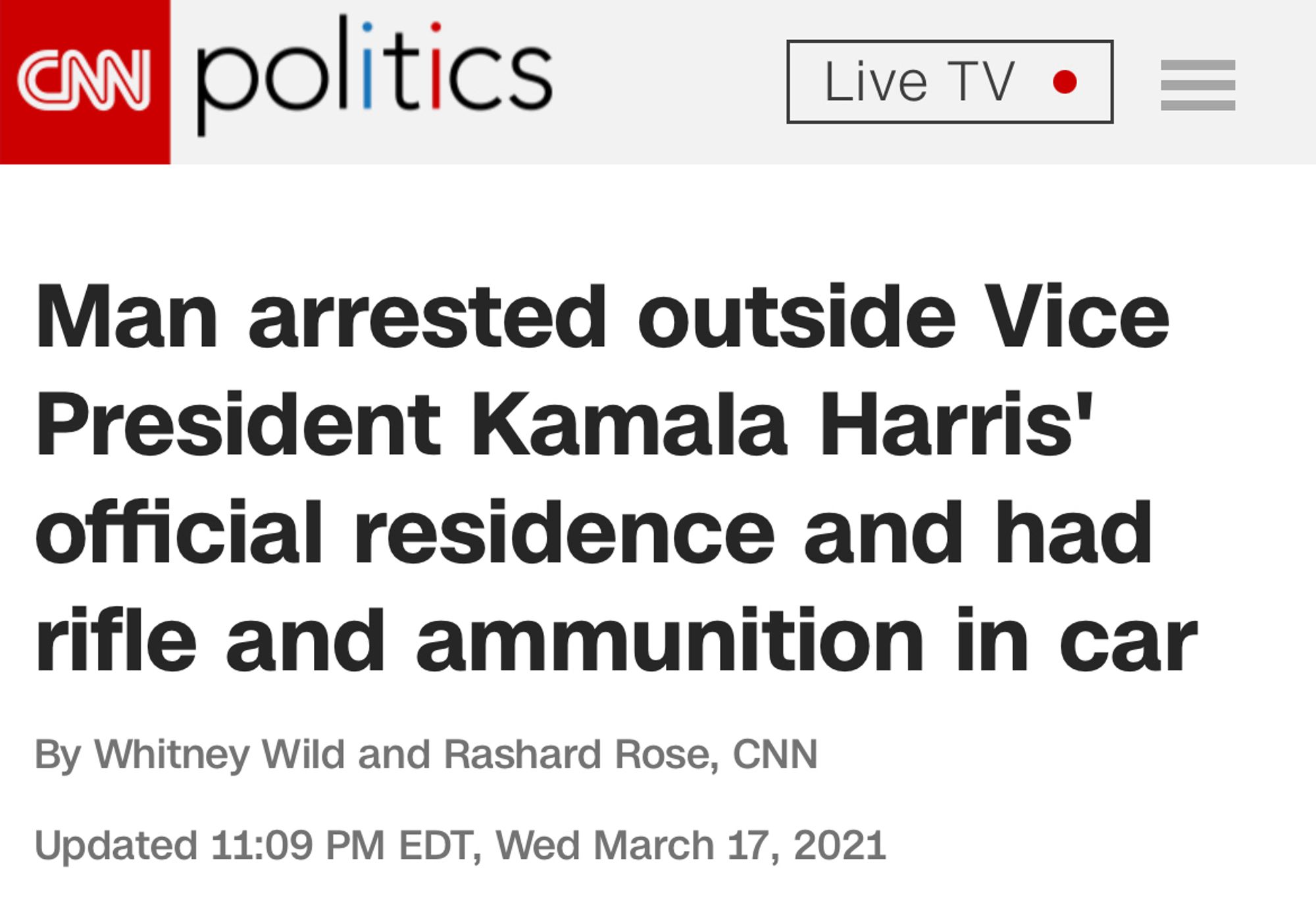 CNN Politics

Man arrested outside Vice President Kamala Harris’ official residence and had rifle and ammunition in car

March 17, 2021