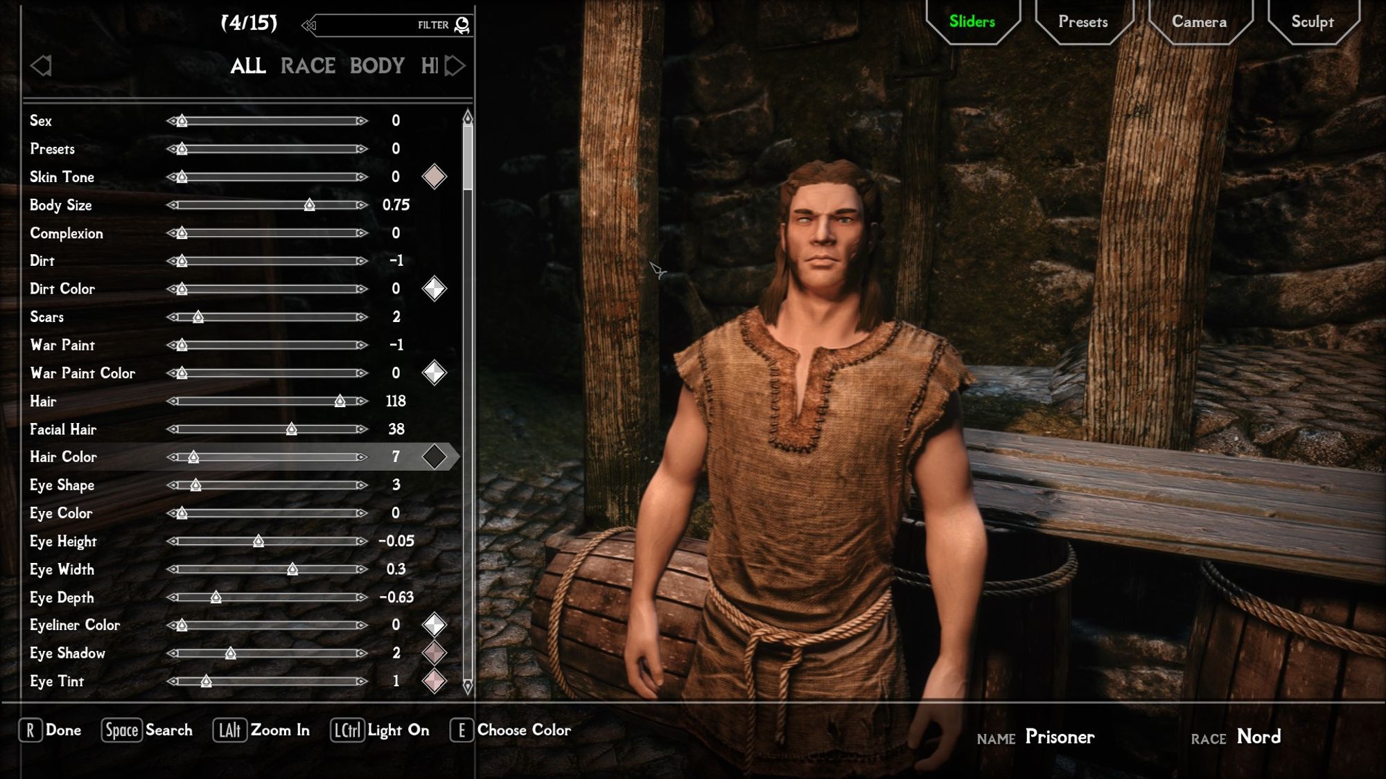 A screenshot from The Elder Scrolls V: Skyrim. It features a very beefy man with shoulder-length brown hair and muttonchop sideburns in a roughspun tunic, standing next to a menu populated with numerous character creator sliders.