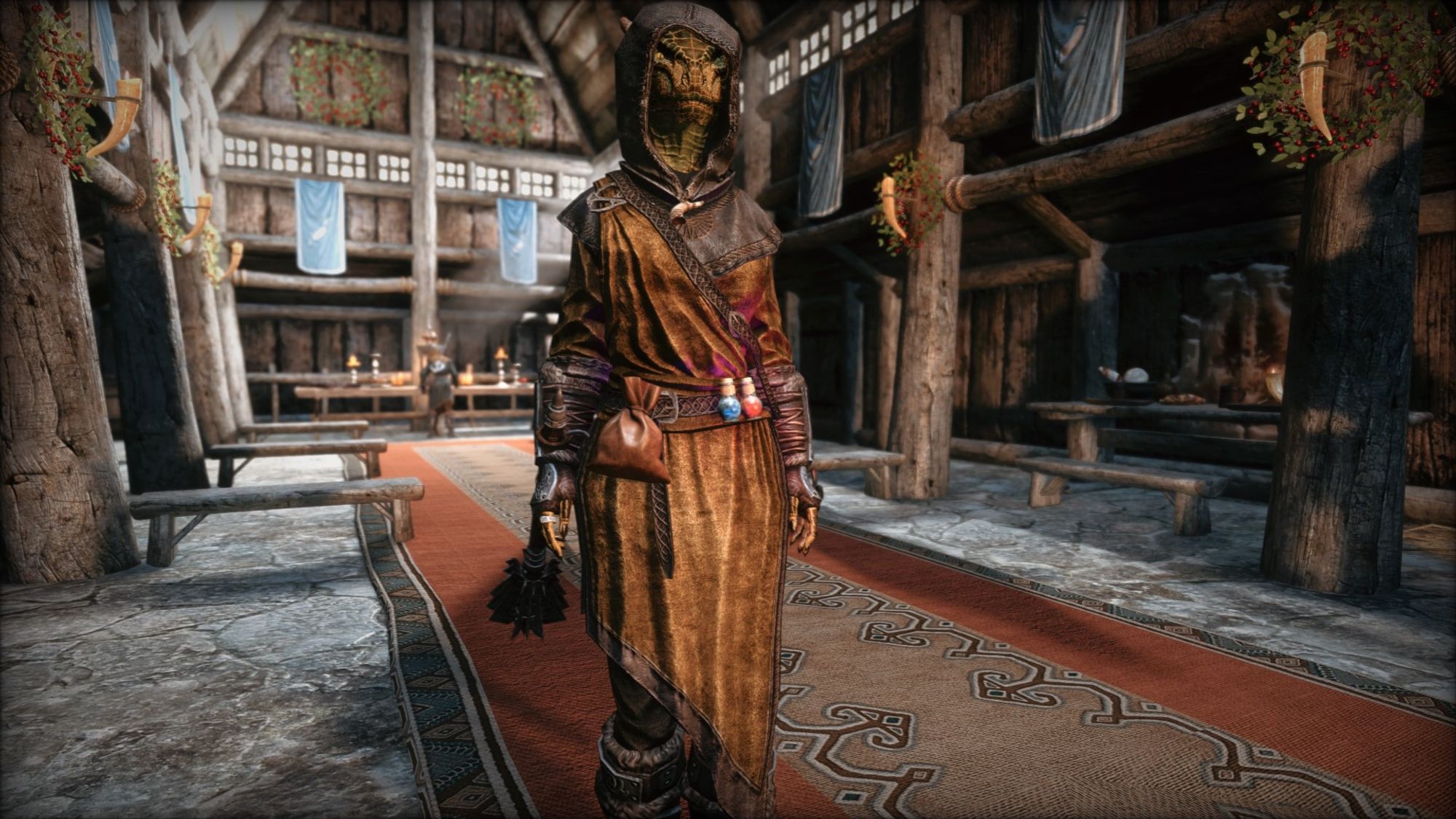 Yet another Skyrim screenshot of the one-eyed-lizard woman in priest robes. Now they have two small glowing bottles on their belt - one blue, one red - along with a small leather satchel hanging from the opposite hip.