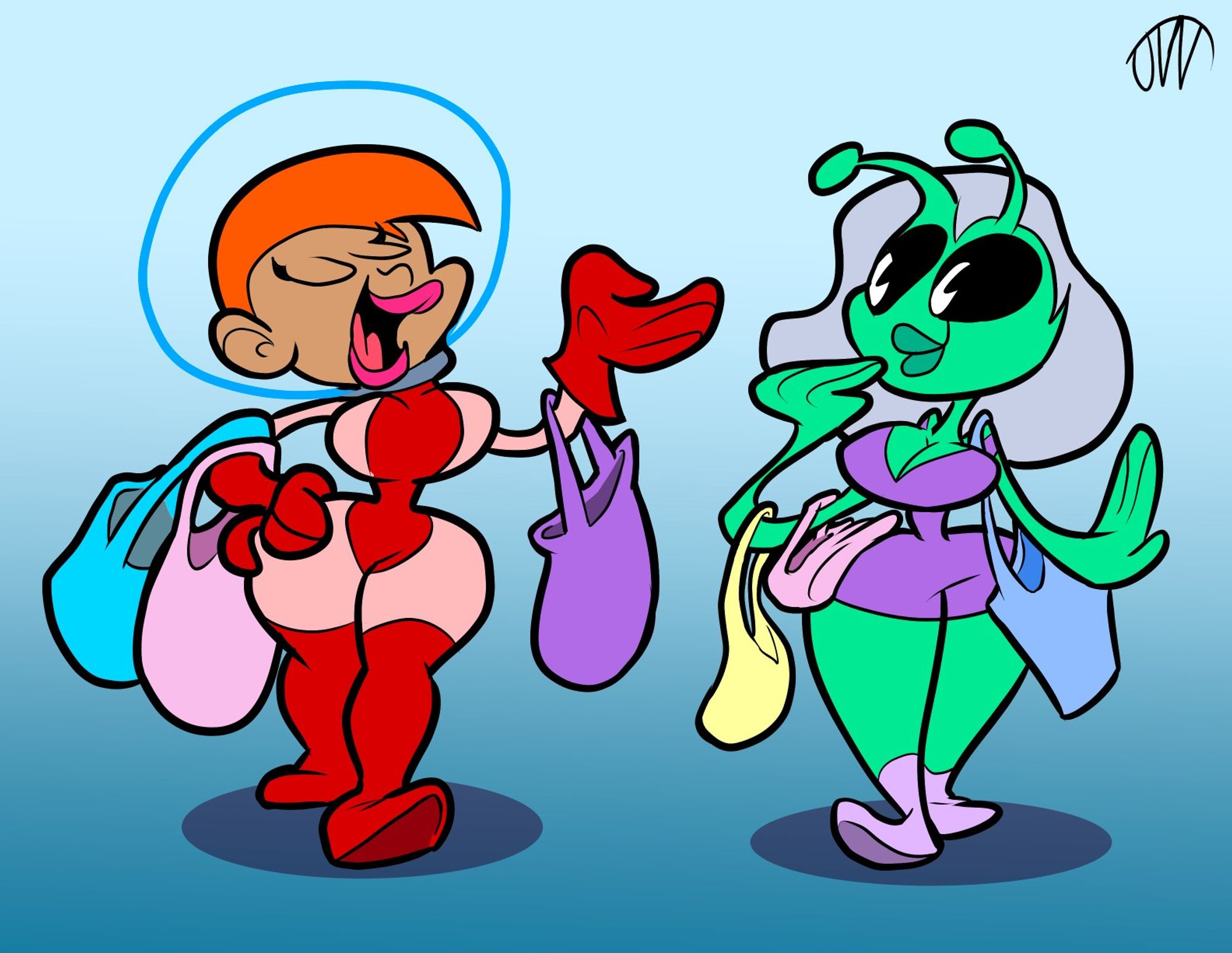 Astronaut space girl, and alien girl characters walking with shopping bags from a shopping spree.