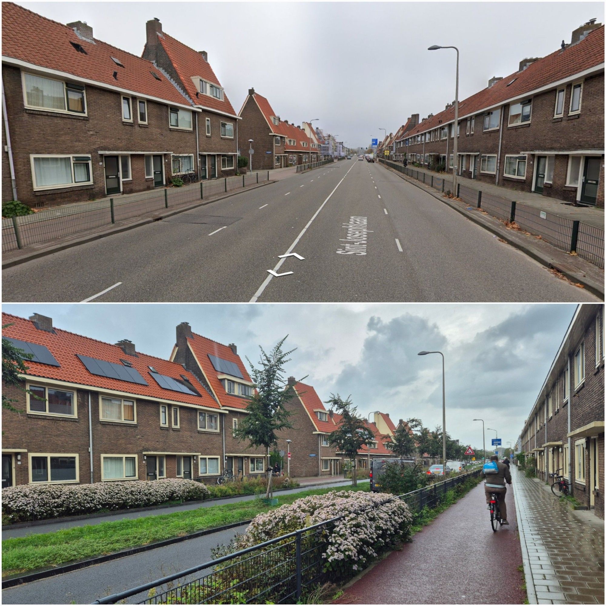 Before and after photo of Sint Josephlaan in Utrecht. The before photo shows a four-lane car sewage straight through a residential area. A narrow sidewalk and narrow cycle path on both sides, but there is no greenery at all. The after photo shows the new situation, in which the number of lanes has been halved and a lot of space has been added for greenery. Both on the sides and between the lanes.