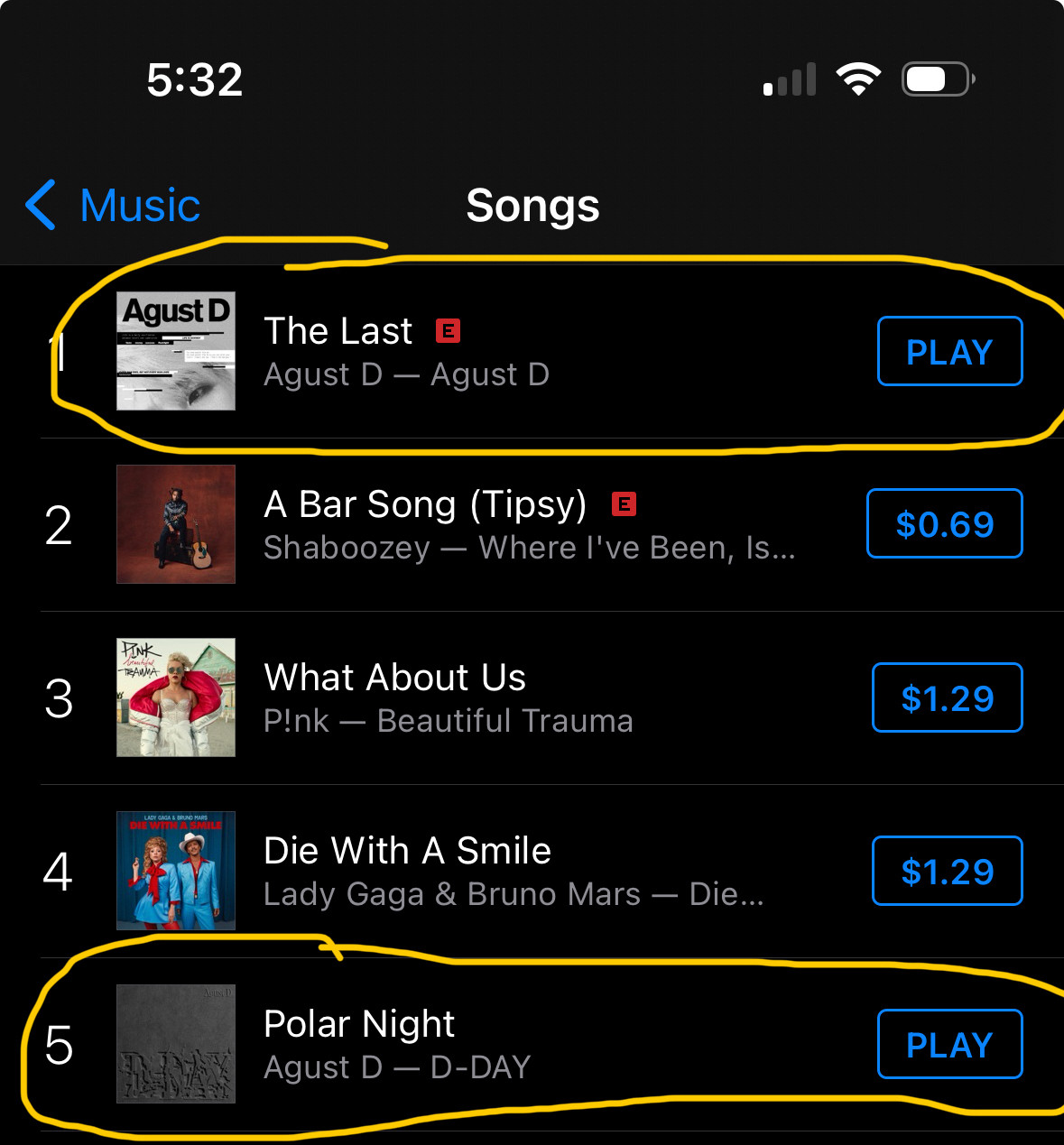 US iTunes chart showing two singles by Agust D (BTS’s SUGA) at the top 5 of the singles chart.  The Last is at #1 and Polar Night is at #5.