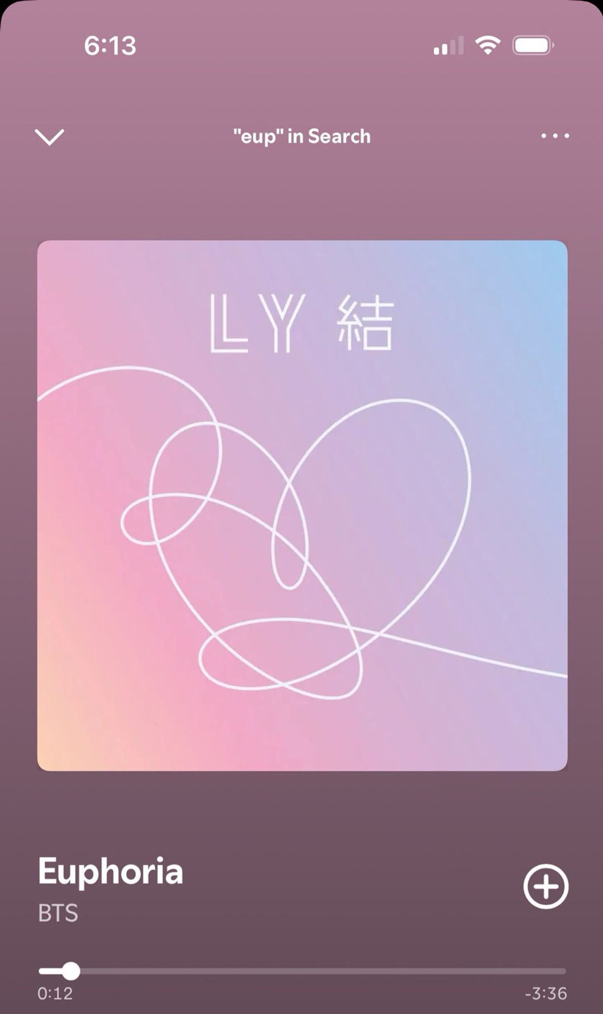 A screenshot of BTS’s song Euphoria playing on Spotify. It shows the cover of Love Yourself:Answer. The background is a pastel gradient moving from pale yellow to pink to lavender to pale sky blue. A line comes  in from the left hand side and begins looping around the space to form a heart in the center before running off the right hand side.