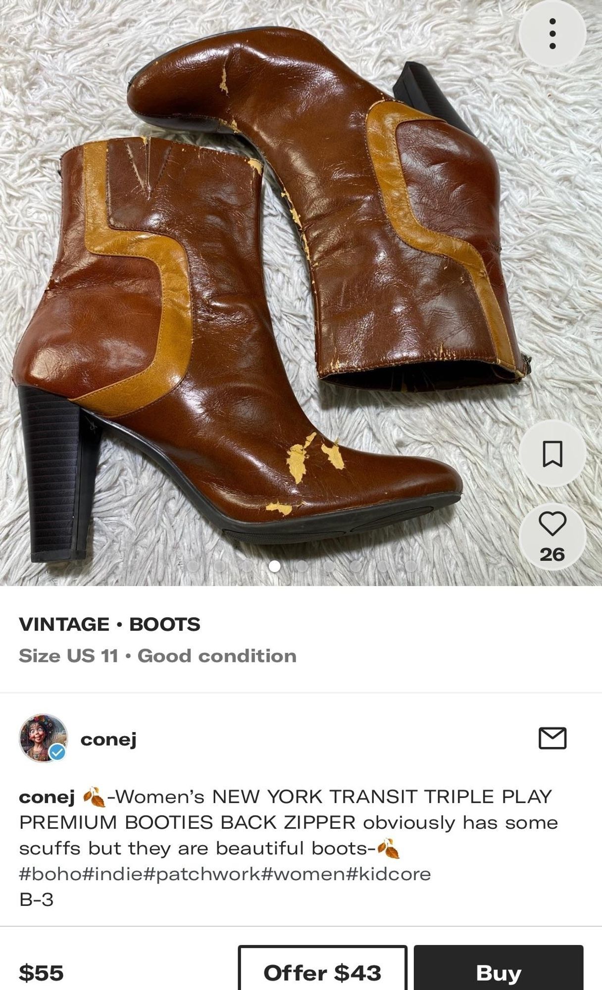 Irreversibly dry rotted boots listed as "has some scuffs", $55
