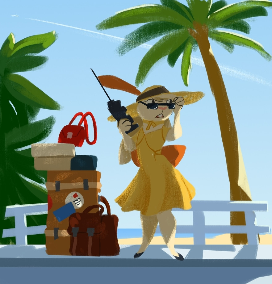 Agent Caspar, freshly arrived, standing under the shade of a palm by a beach. He's wearing a yellow sundress and hat, and speaking into a walkie-talkie.