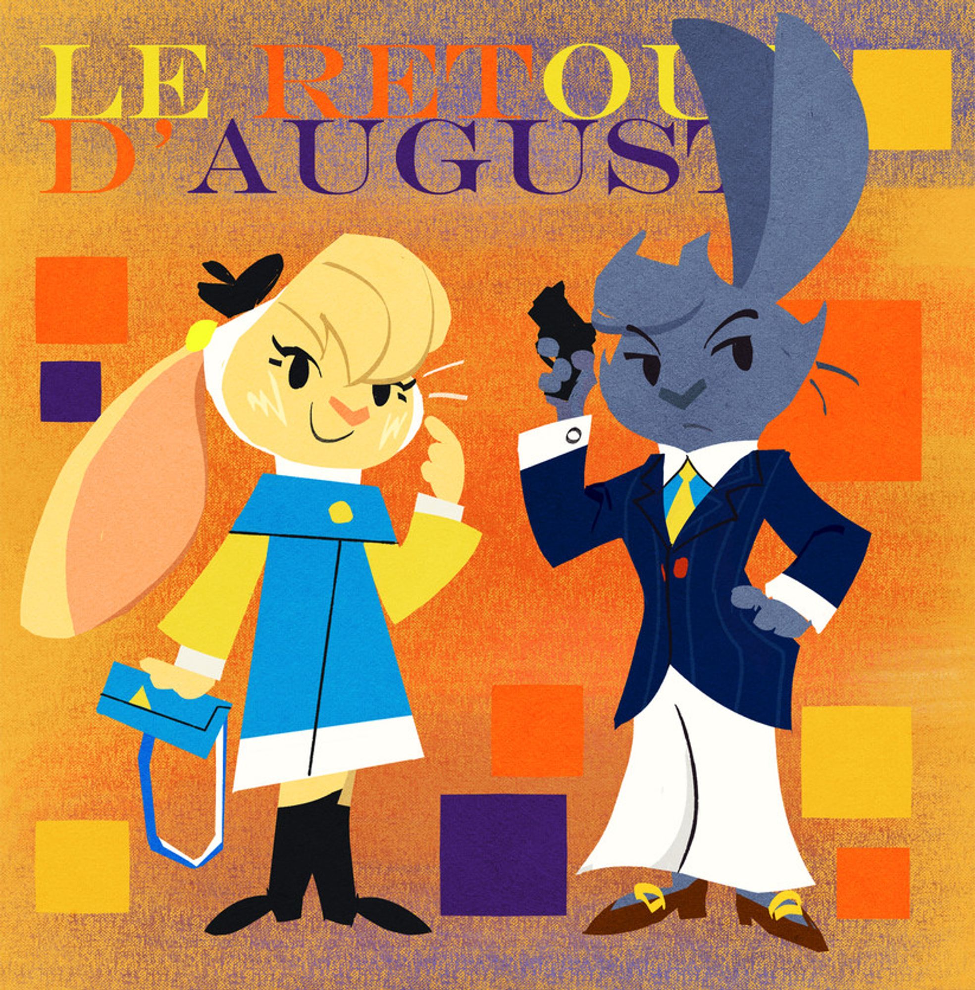 A toony Caspar and August standing side by side. The text above them reads "Le Retour D'August."