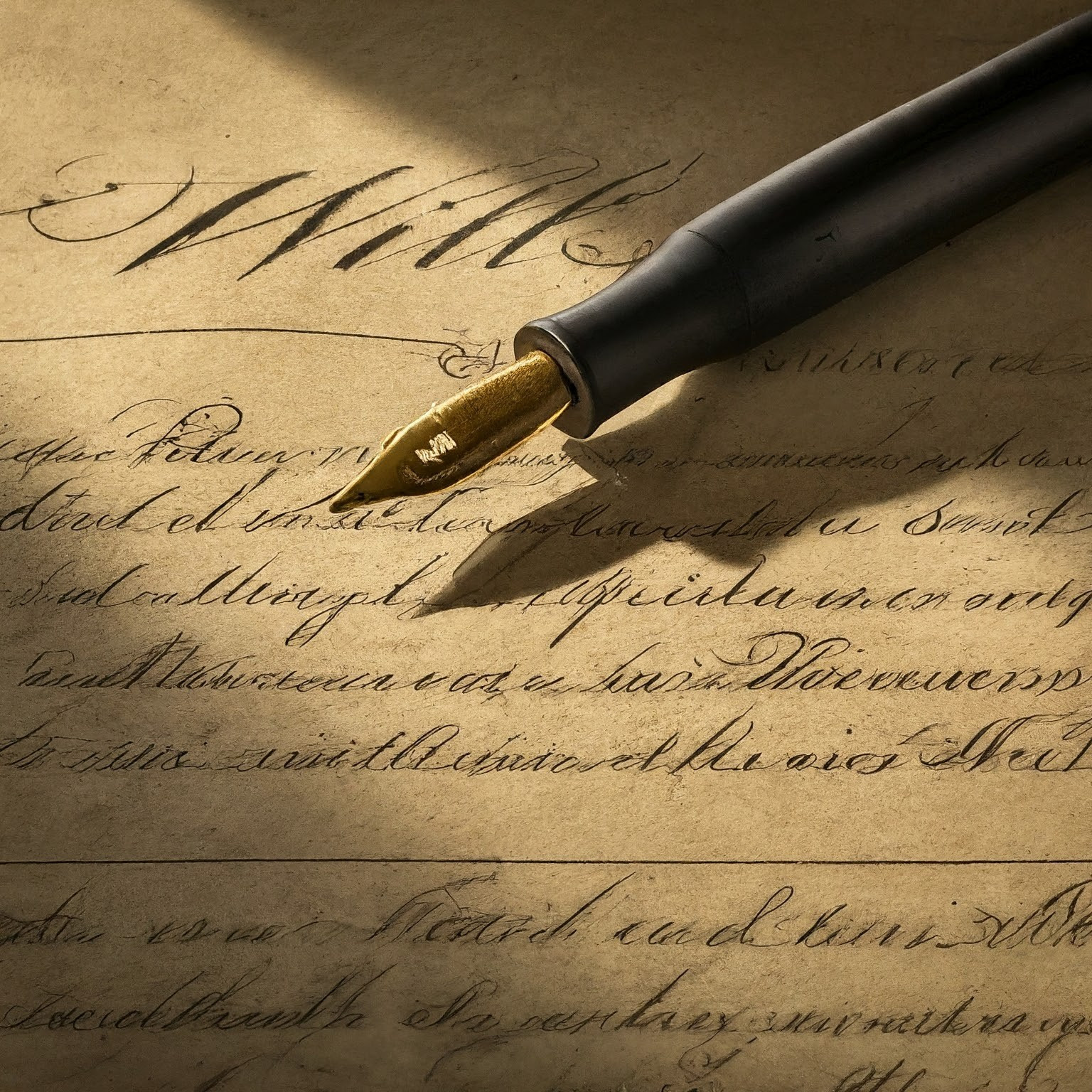 IMAGE OF A SIGNED WILL WITH A BLACK FOUNTAIN PEN WITH A GOLD NIB LYING ON THE DOCUMENT