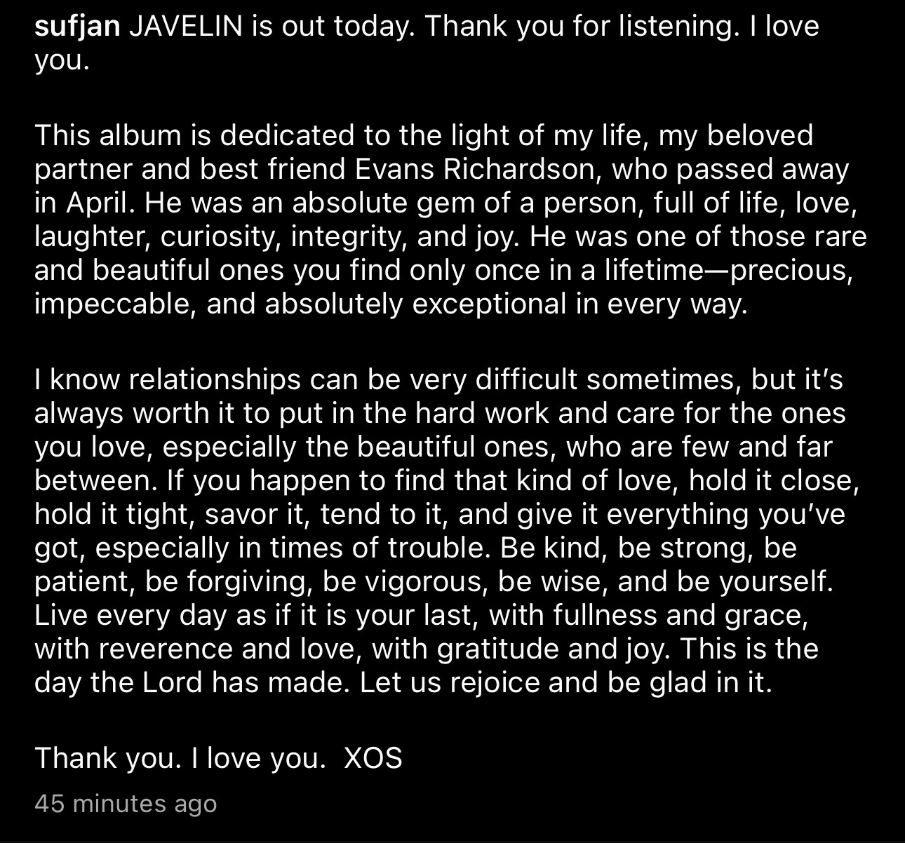 Instagram post from Sufjan Stevens about the passing of his partner Evans Richardson in April this year