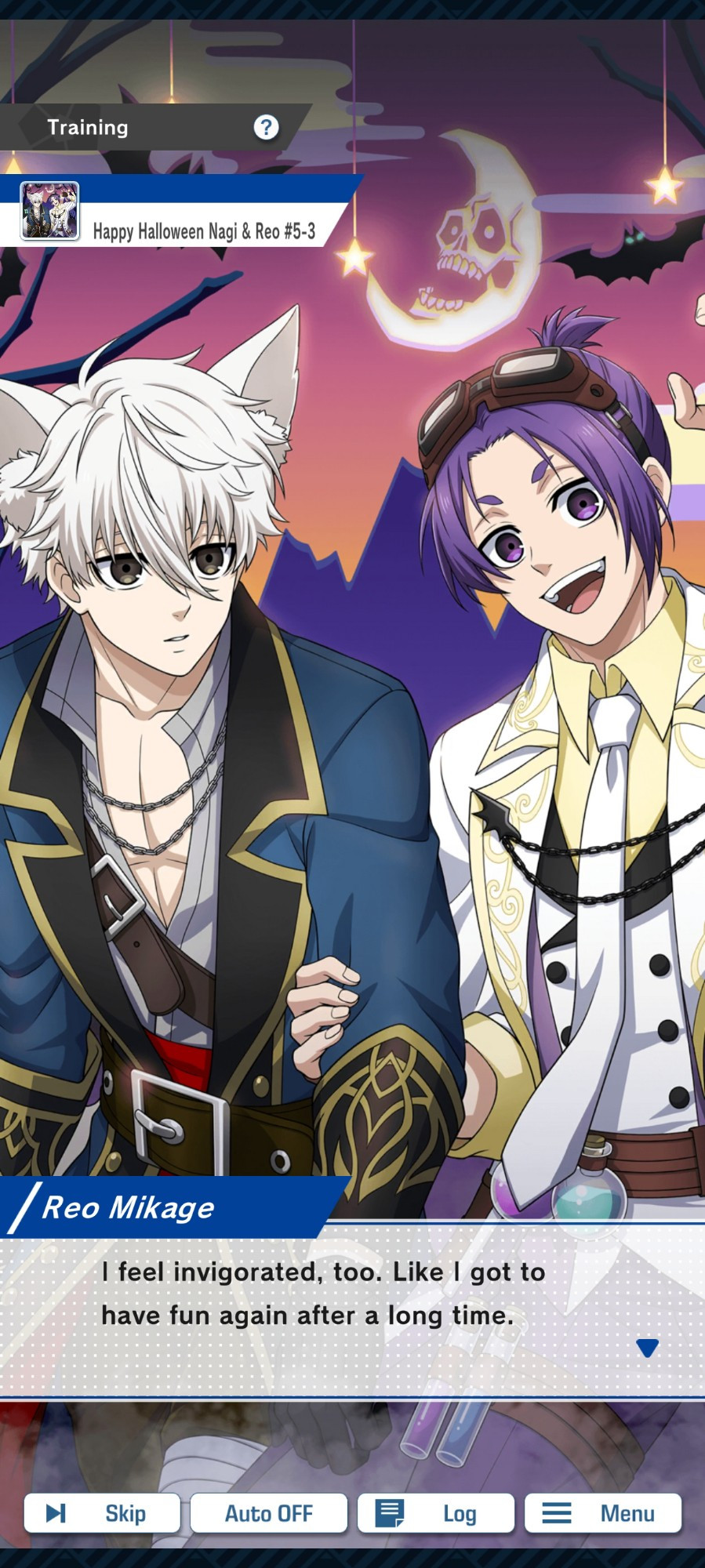 A screenshot of Nagi and Reo from Blue Lock PWC. They're wearing halloween costumes with Reo saying "I feel invigorated, too. Like I got to have fun again after a long time." Nagi's costume is a werewolf, while Reo is a mad scientist.