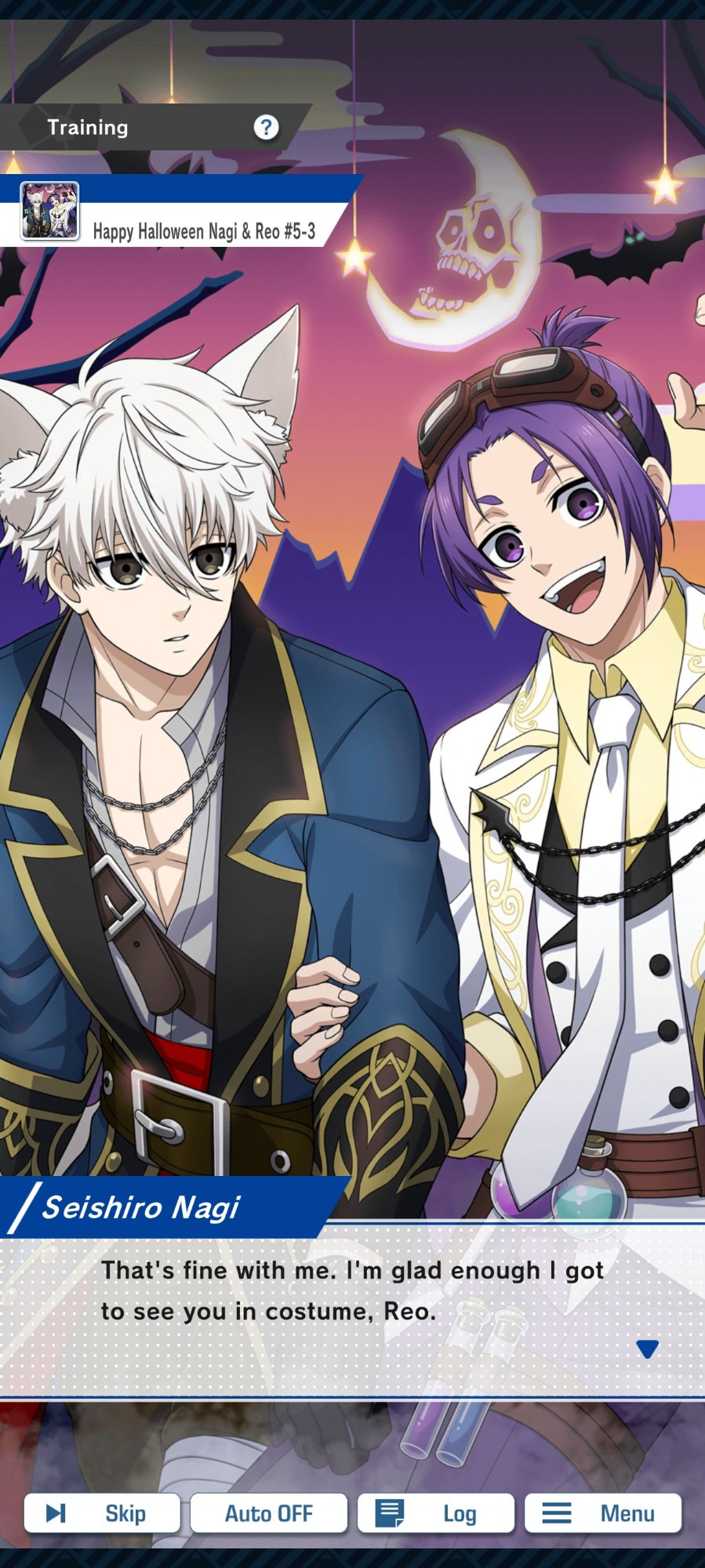 A screenshot of Nagi and Reo from Blue Lock PWC. They're wearing halloween costumes with Nagi saying "That's fine with me. I'm glad enough I got to see you in costume, Reo." Nagi's costume is a werewolf, while Reo is a mad scientist.