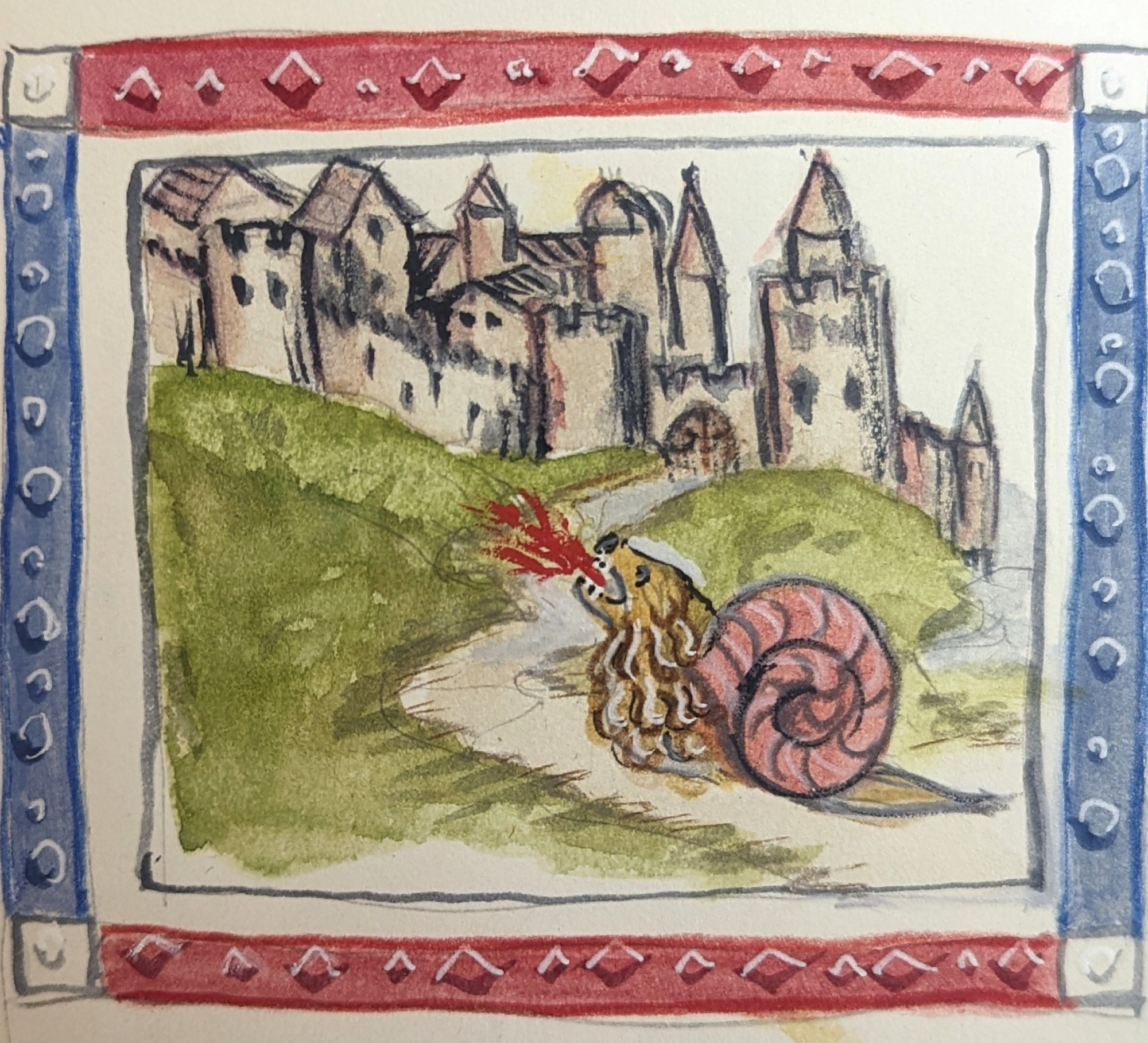 Fire-beathing lionsnail approaches a walled medieval town