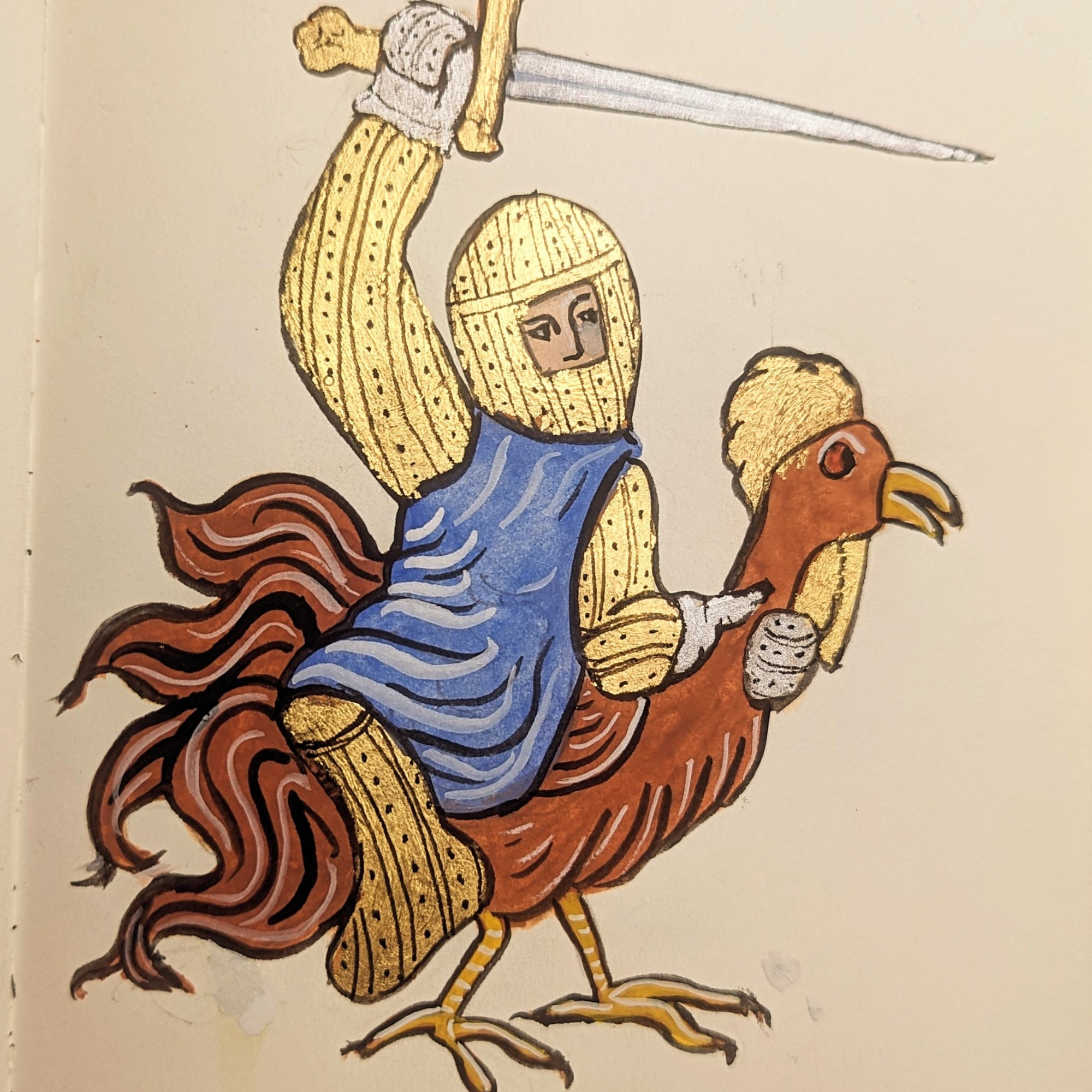 A gouache illustration of a knight in gold chain mail riding backwards on a brown chicken and waving a sword, by Gwendolyn Holbrow.