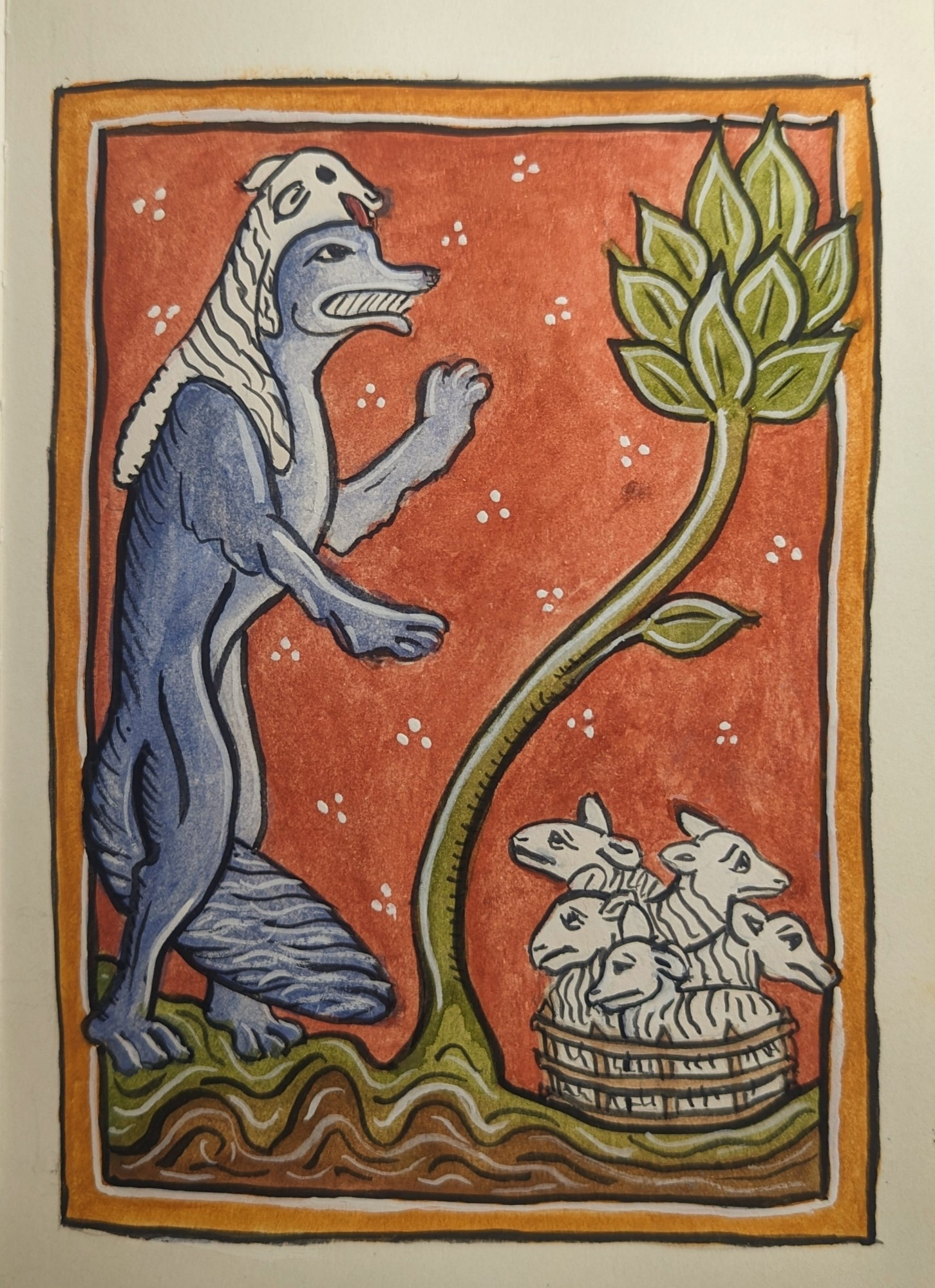 A large blue wolf wearing a sheepskin on its head (a wolf in sheep's clothing) preaches to five sheep in a pen. Painted with gouache in the style of medieval manuscript illumination by Gwendolyn Holbrow