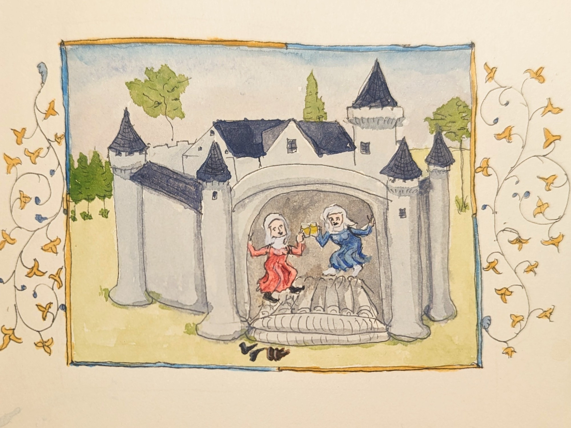 Original "manuscript illumination" illustration of two medieval women with glasses of beer jumping in a medieval bouncy castle