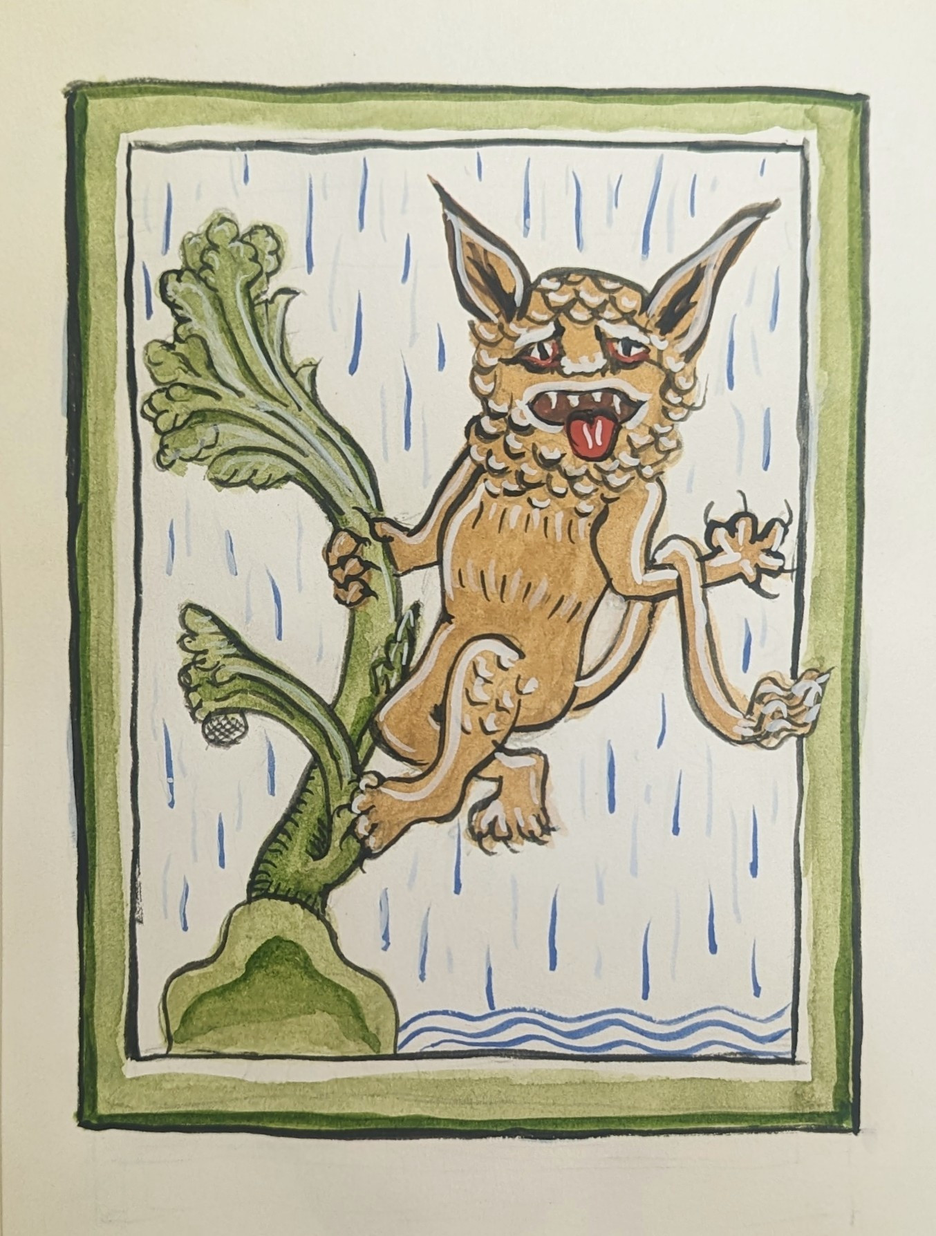 Medieval-style gouache illustration of a lion standing in a broccoli-like tree, just singin' in the rain, echoing Gene Kelly in the film