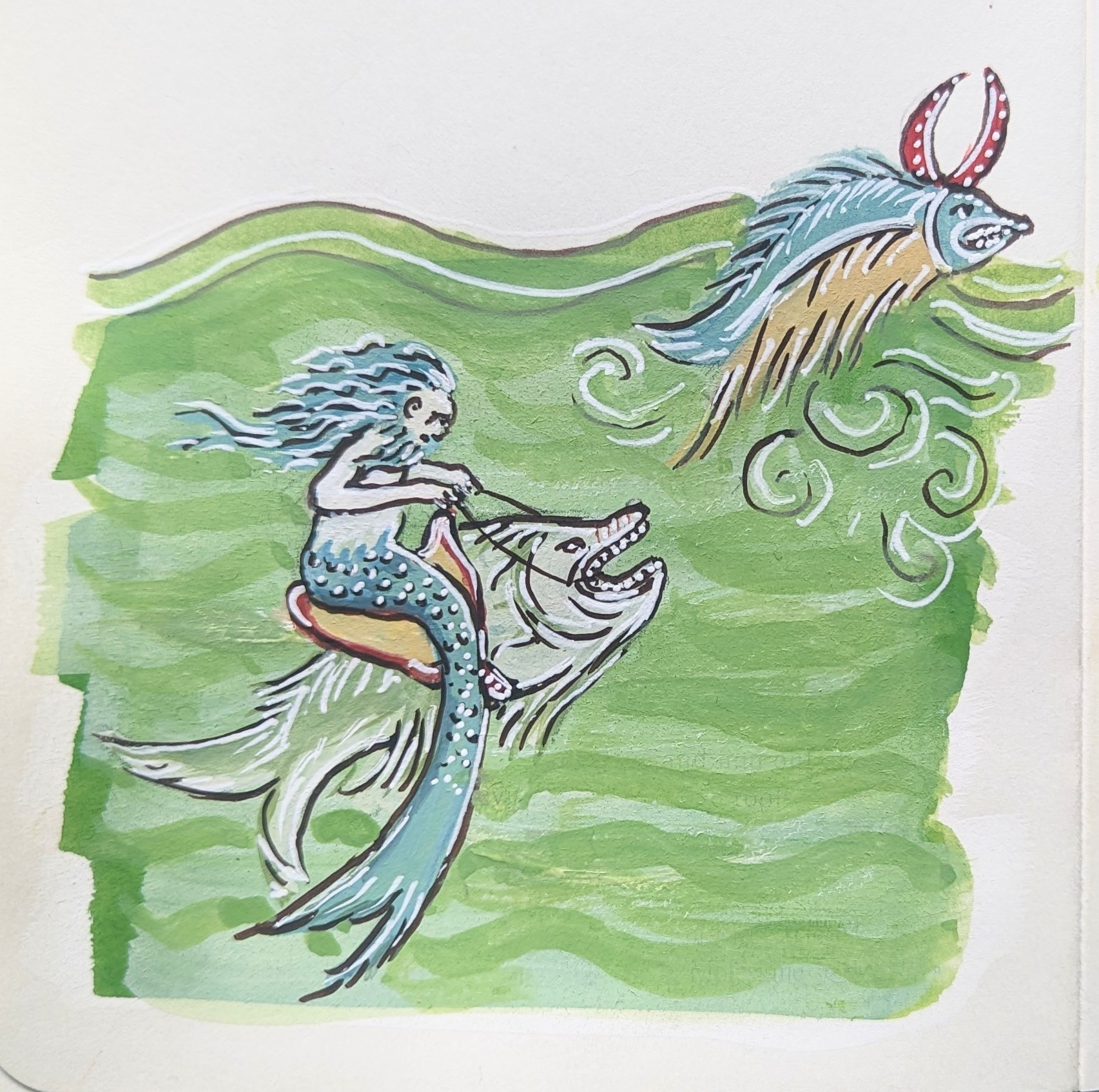 Gouache illustration of a merman riding a fish, chasing another fish.