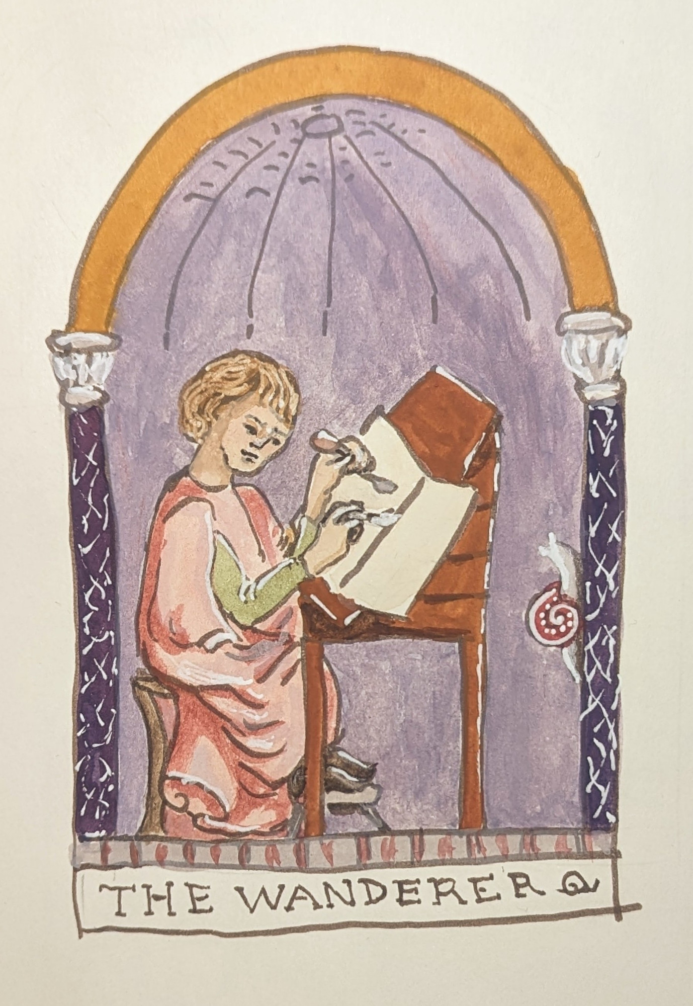 Ink and watercolor illustration of a monk working on a manuscript as a snail climbs a column nearby