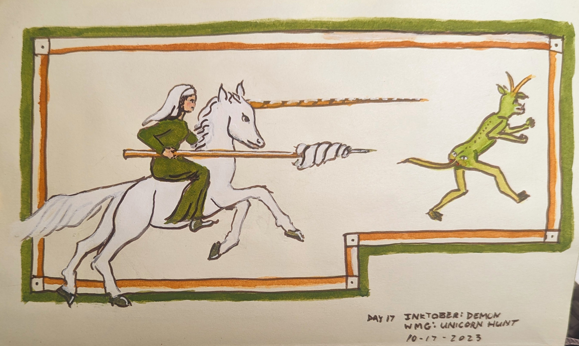 A woman in medieval garb and riding a unicorn chases a demon