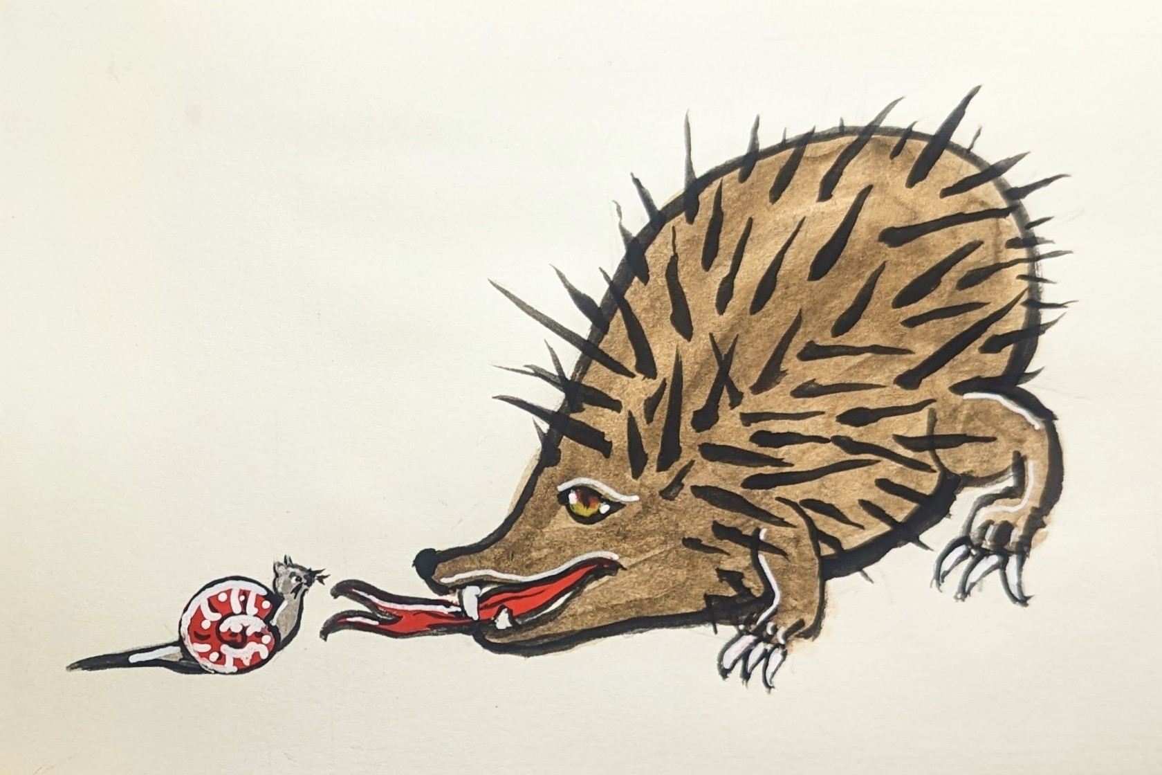 Small snailcat faces a large dangerous hedgehog with long forked tongue, painted in gouache by Gwendolyn Holbrow 10/2023