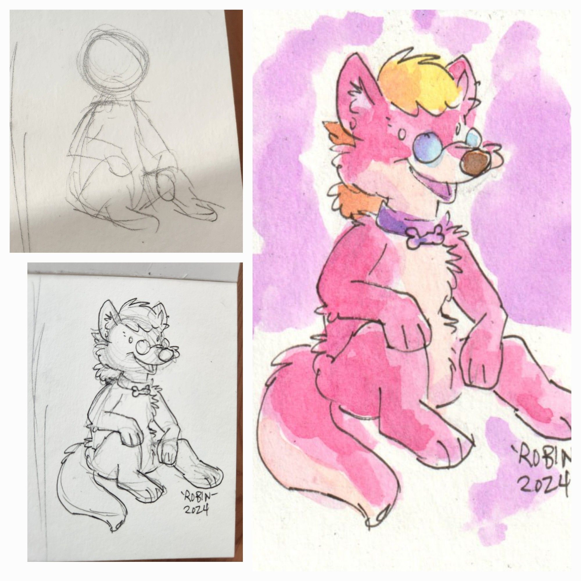 A collage showing a pencil pose, an ink and then a watercolour painting of a pink wolf, sitting.