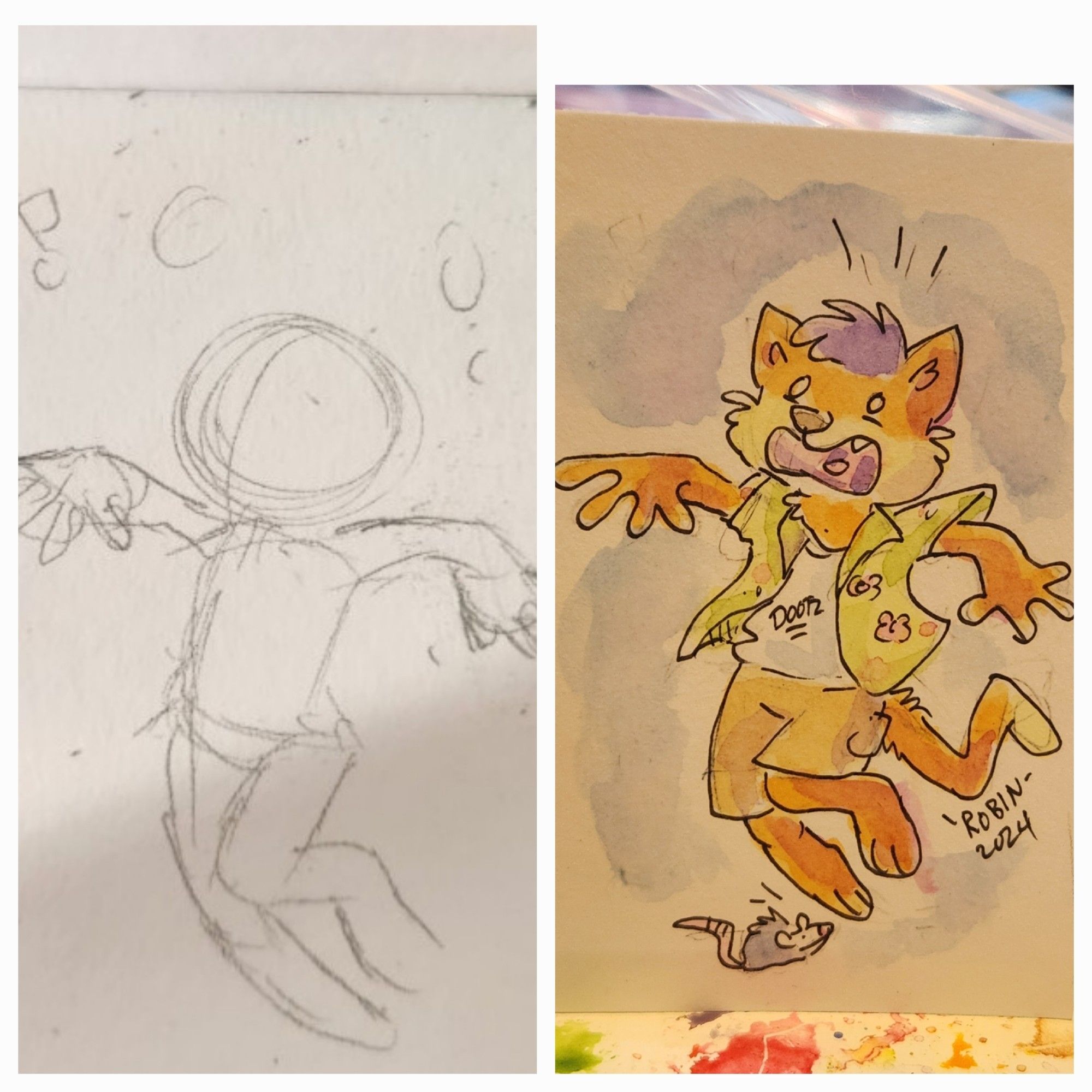 A collage showing a sketch of a flailing gesture and then a tripping cat.