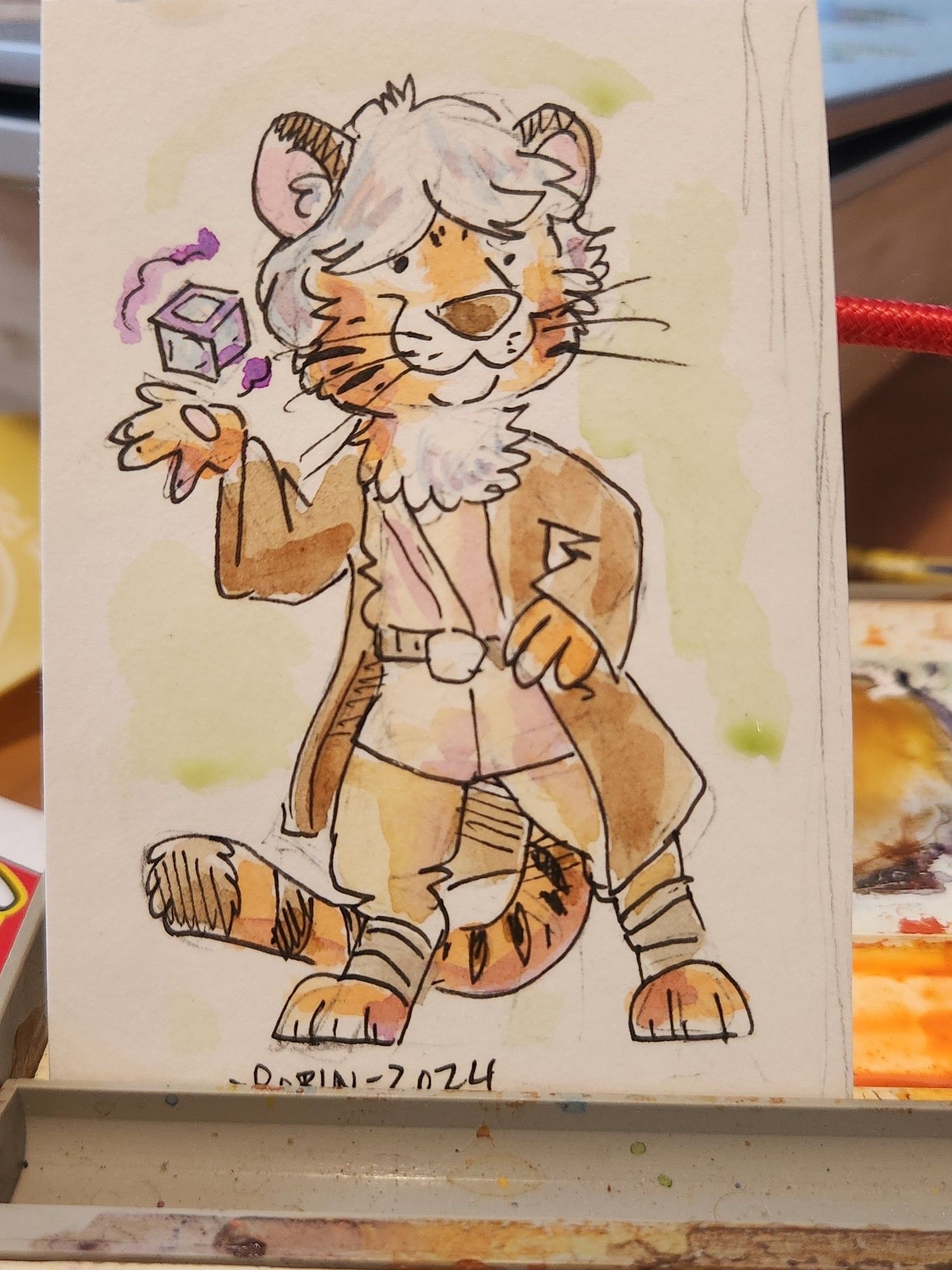 A small watercolour painting of a tiger jedi with a holocron hovering over his paw.