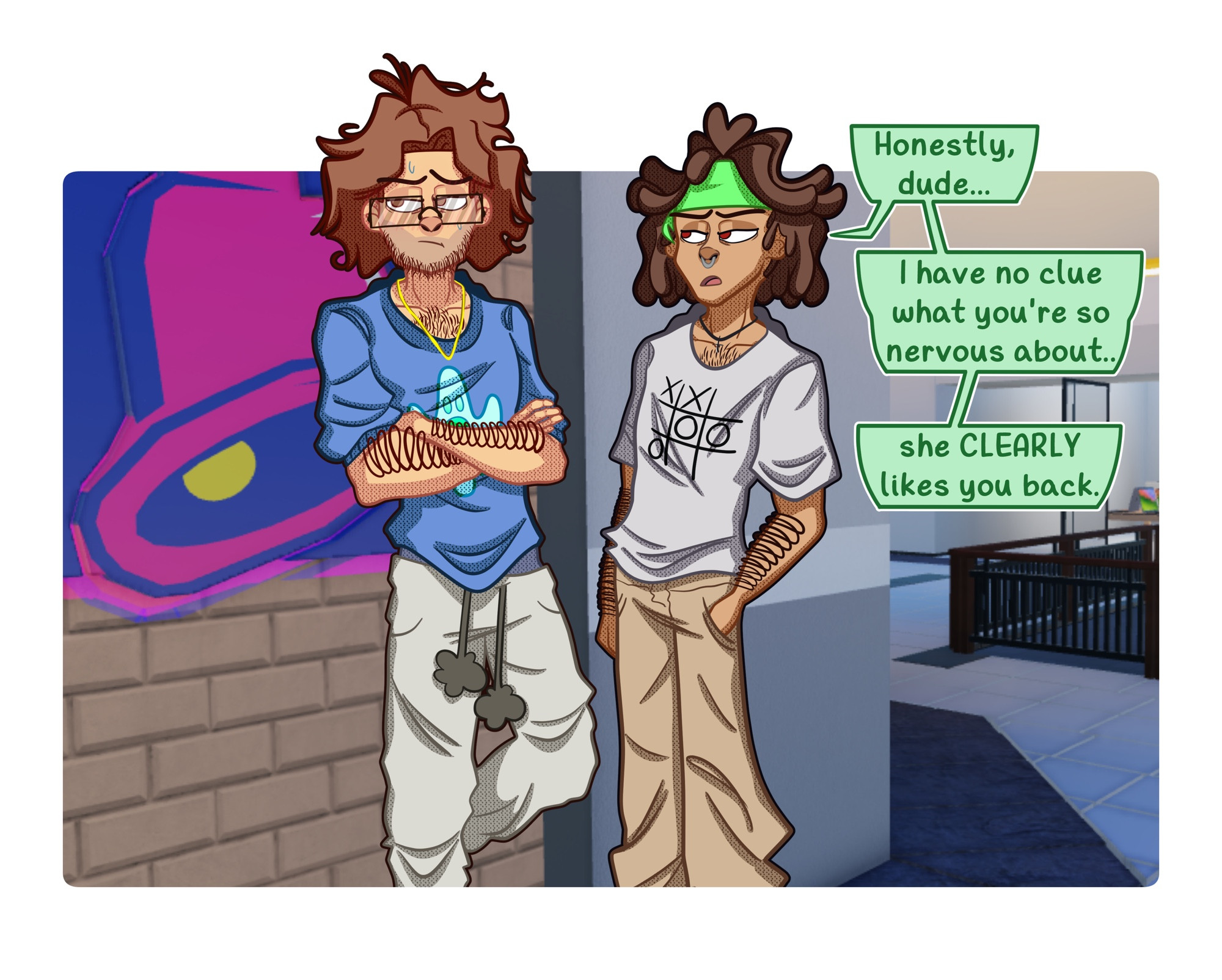 POST-GRADS 0.13 - To Need a Ride page 1/11

Robert (left) and Angelo (right) hanging out by a Taco Bell in a mall food court. Rob glances around nervously.

“Honestly dude…” Angelo says, “I have no clue what you’re so nervous about, she CLEARLY likes you back.”