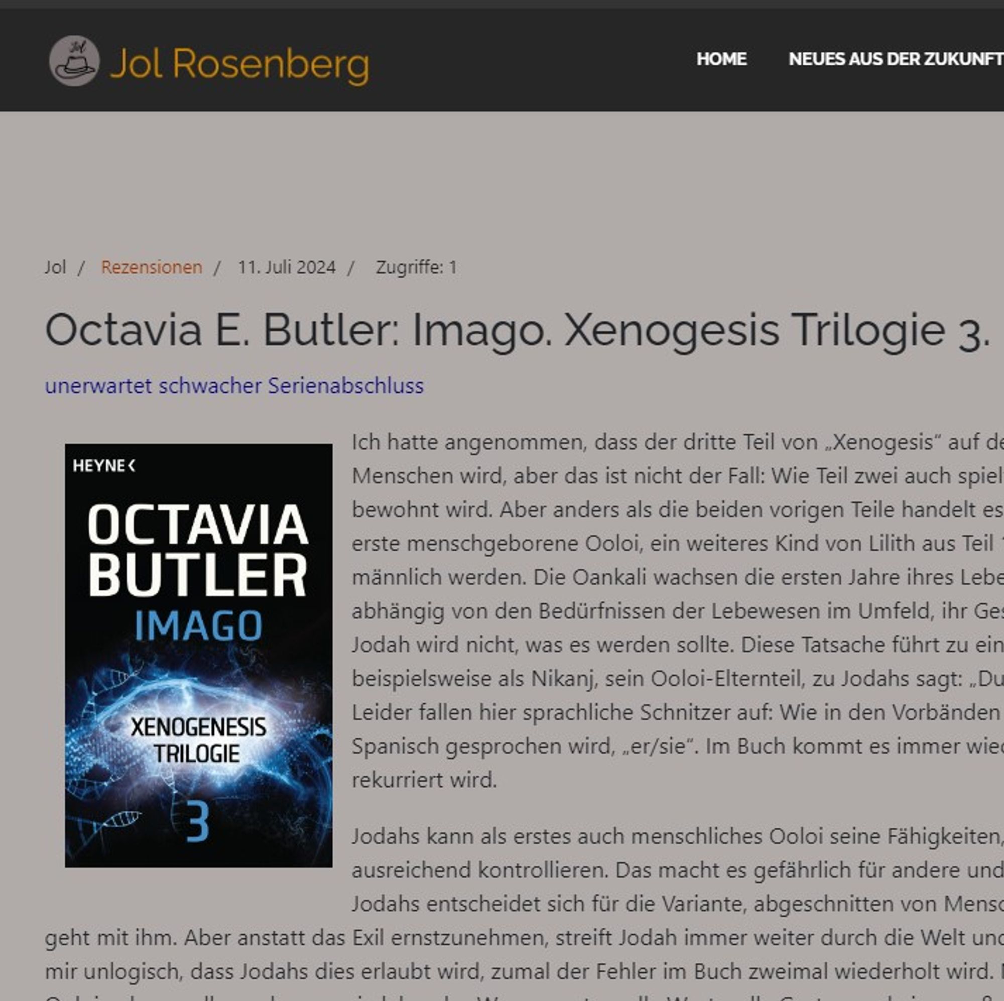 Ein Screenshot der Rezension mit dem Cover des Buches. Meine Webseite ist in Grautönen gehalten. Das Cover zeigt futuristisch wirkende Wellen und Nebel in Blau.