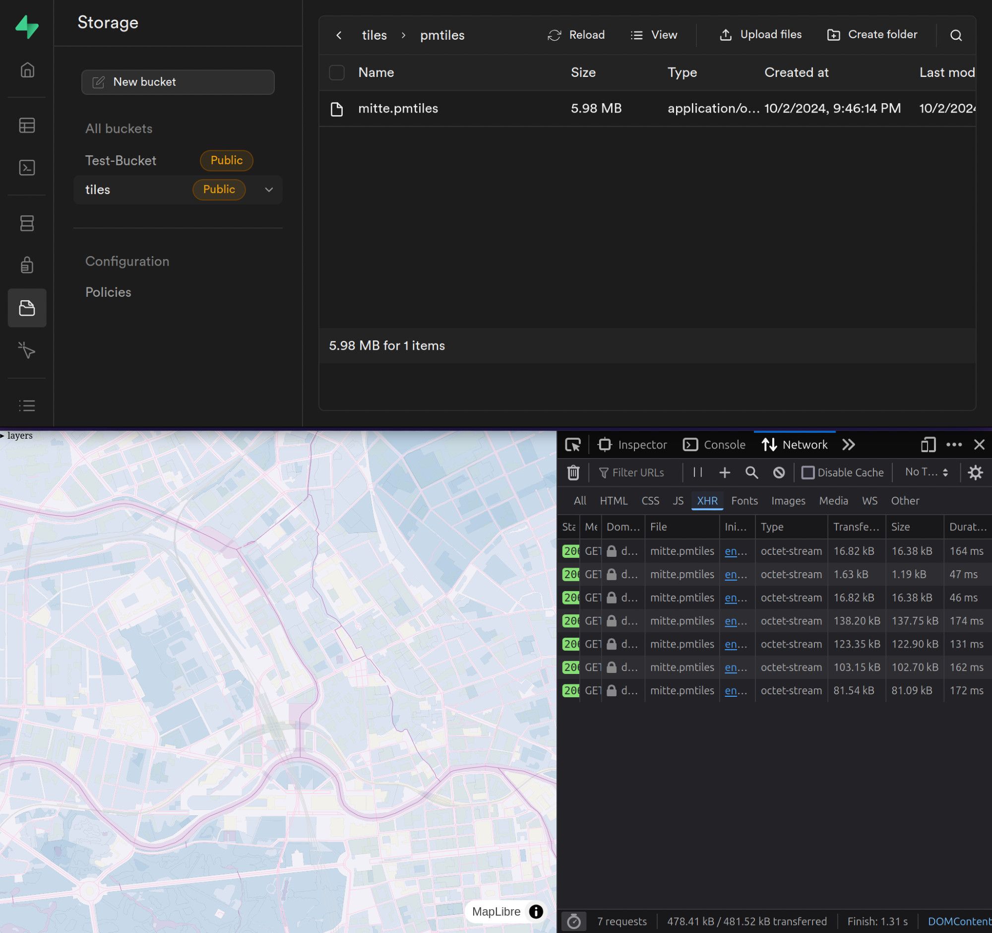 Screenshot of two browser windows. One shows a supabase storage bucket with a 6MB file named "mitte.pmtiles".
The other window shows a map of Berlin Mitte with white-colored streets, grey-blue-ish parks and buildings and pink water.