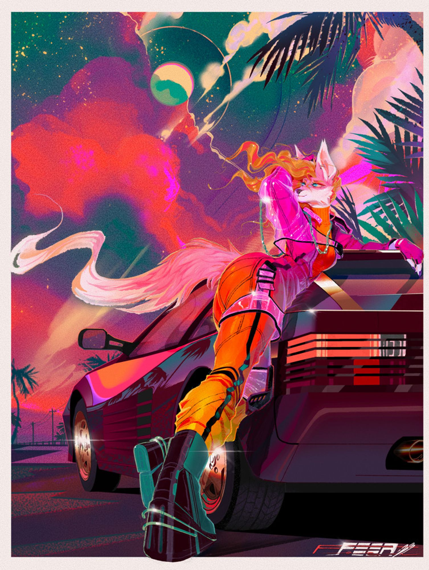 Anthropomorphic fox leaning against a red sports car wearing orange and pink jump suit. 