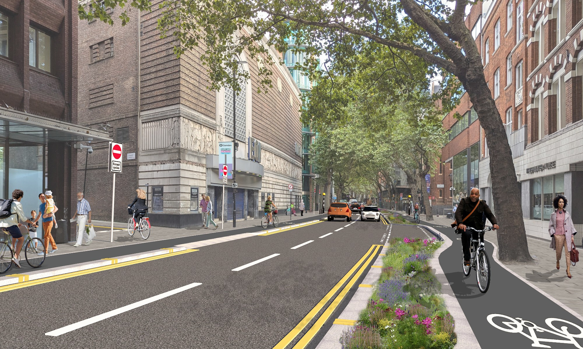 C.G.I. of protected cycle lanes on Shaftesbury Avenue 