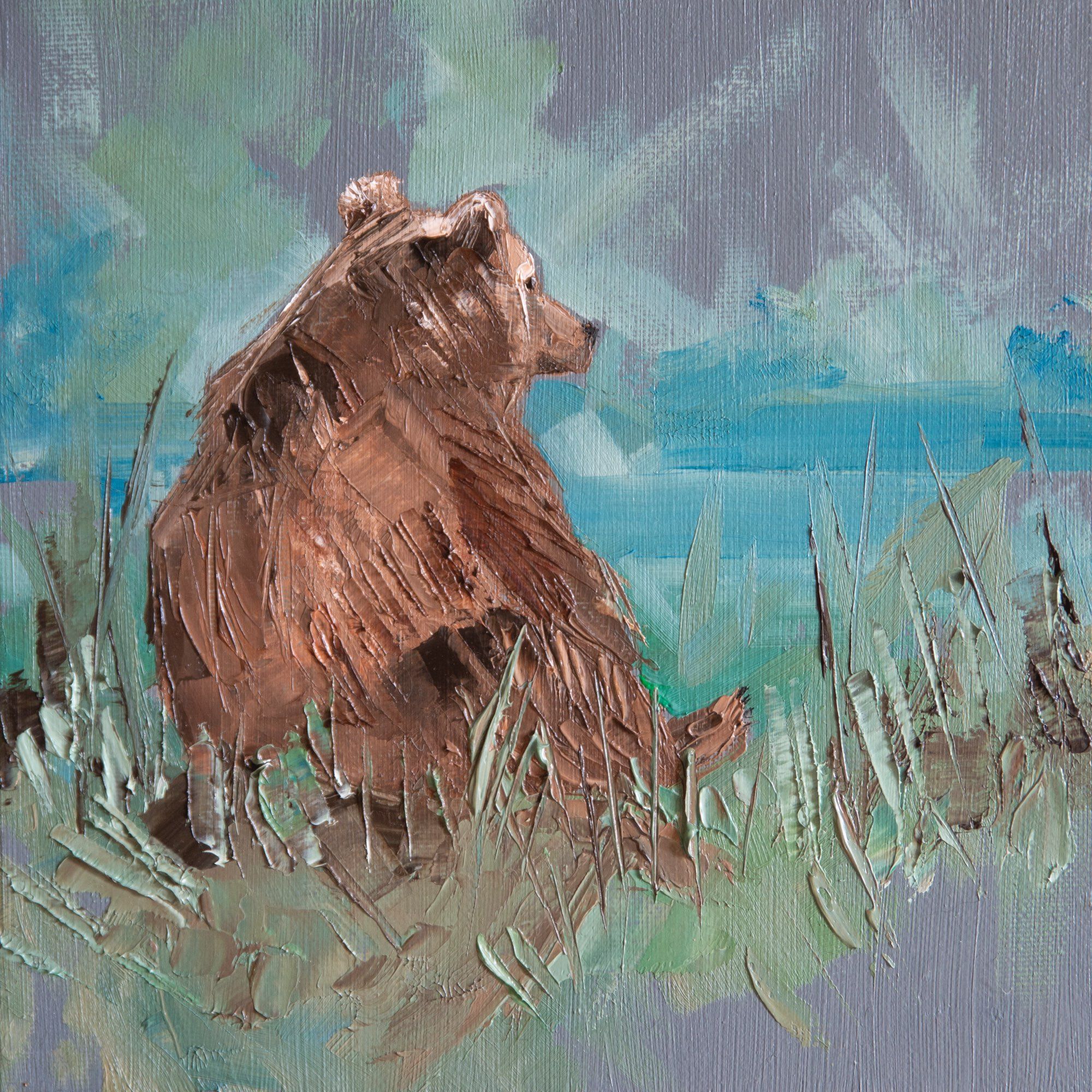 Bear sits in the grass looking out at the day. Oil painting using palette knife.