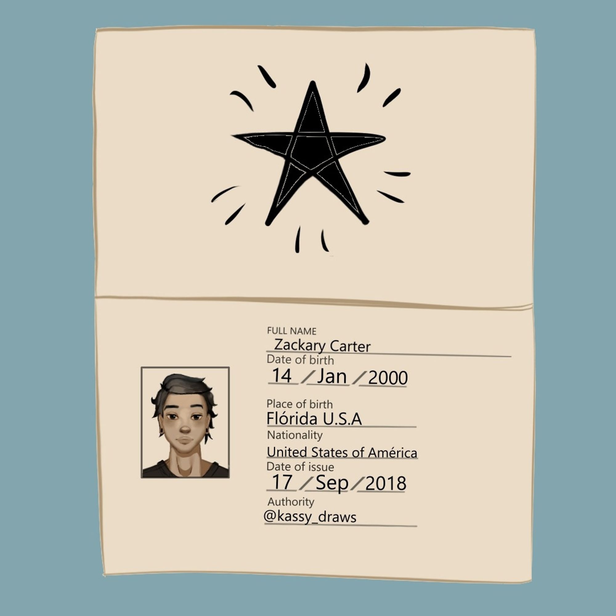 Passport of an oc 

Name:
Zackary Carter

Date of birth:
14 / January / 2000

Place of birth:
Flórida U.S.A

Nationality:
United States of America

Date of issue:
17 / September / 2018

Authority:
@kassy_draws