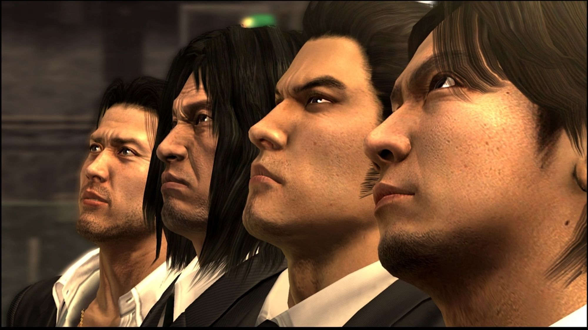 The game's four protagonists all stand side by side in a line and look up. Each is wearing a black suit jacket and white dress shirt, but in their own unique style. From the left: Akiyama, Saejima, Kiryu, and Tanimura.