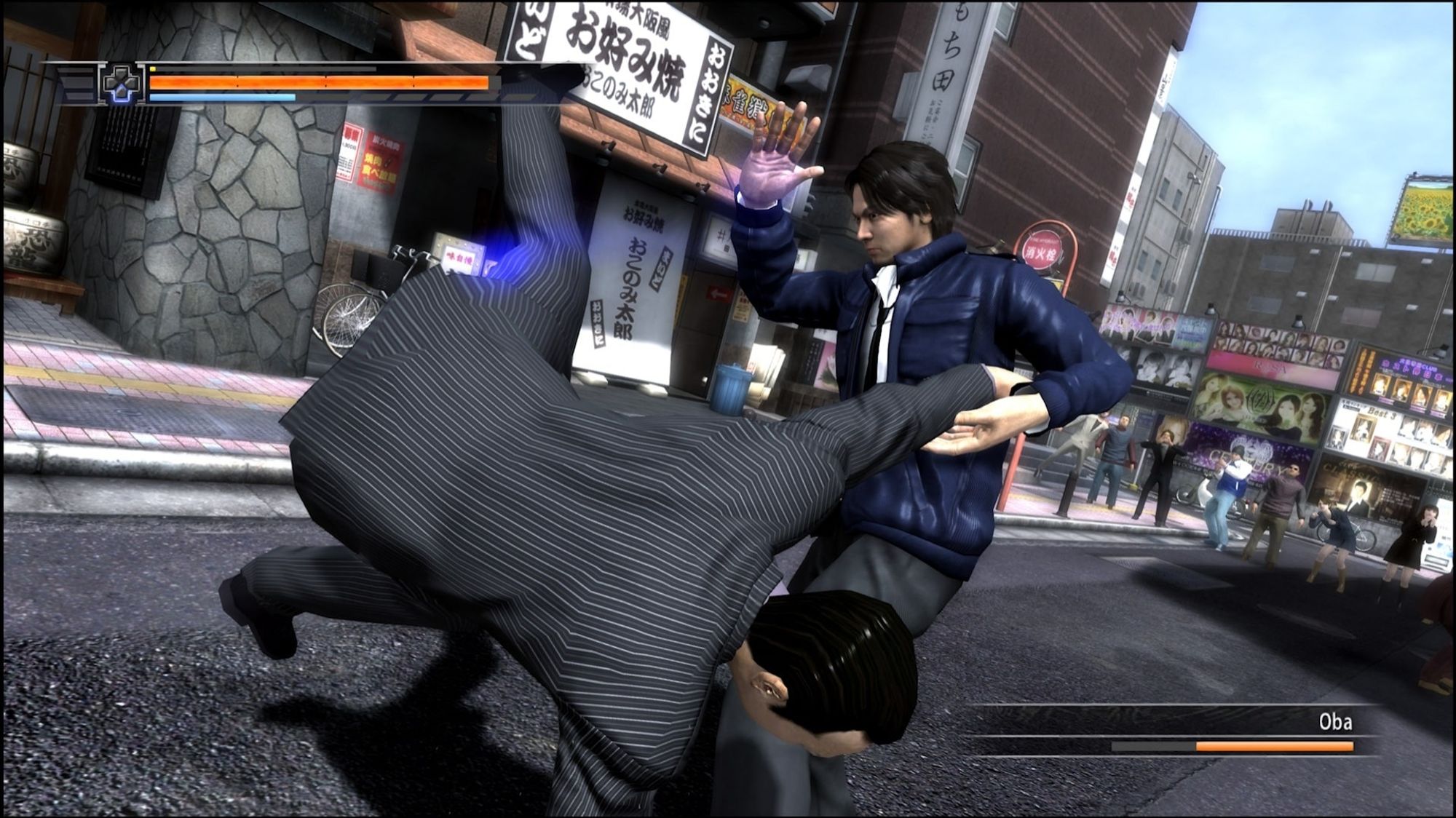 Officer Tanimura flips over an enemy gangster wearing a pinstripe suit.