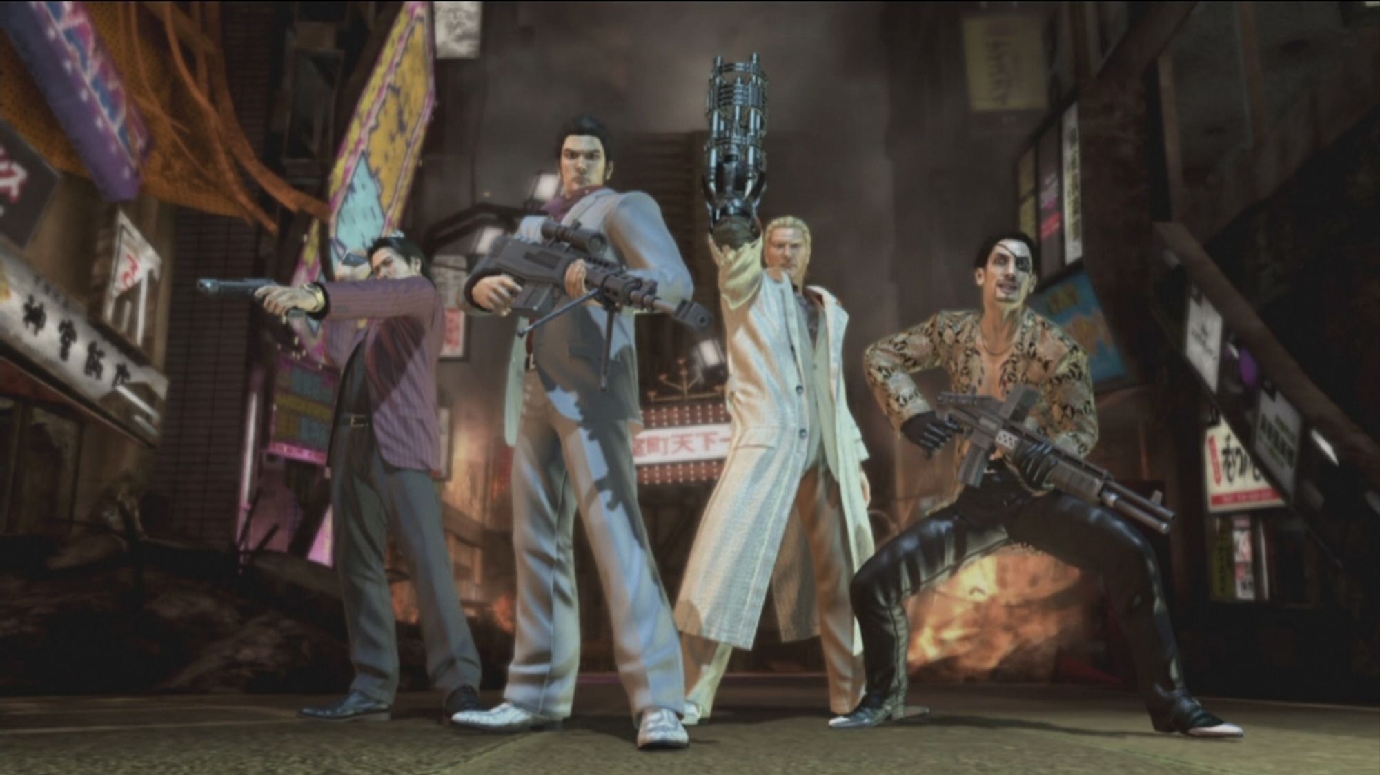 Protagonists Akiyama, Kiryu, Ryuji, and Majima line up to pose in the middle of the street with their unique weapons. Respectively, they carry two Beretta 92 FS pistols, an Accuracy International AS50 rifle, a custom made Gatling arm cannon, and a SPAS 12 shotgun.