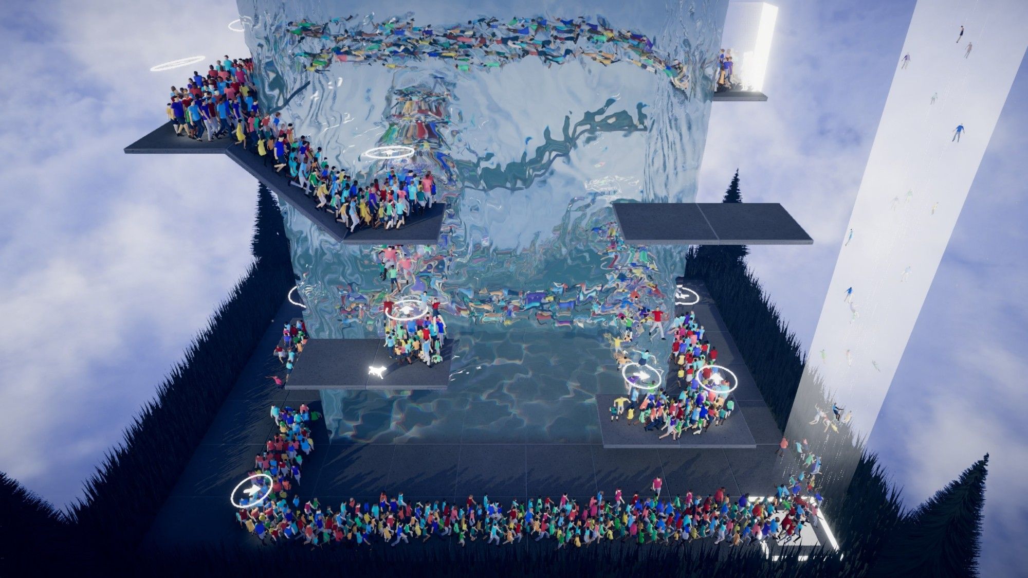 A large box of freestanding water is in the center of the stage. Humans appear from a door near the top and are guided by arrows to either swim through the water or navigate a series of ramps to make it to the bottom and ascend.