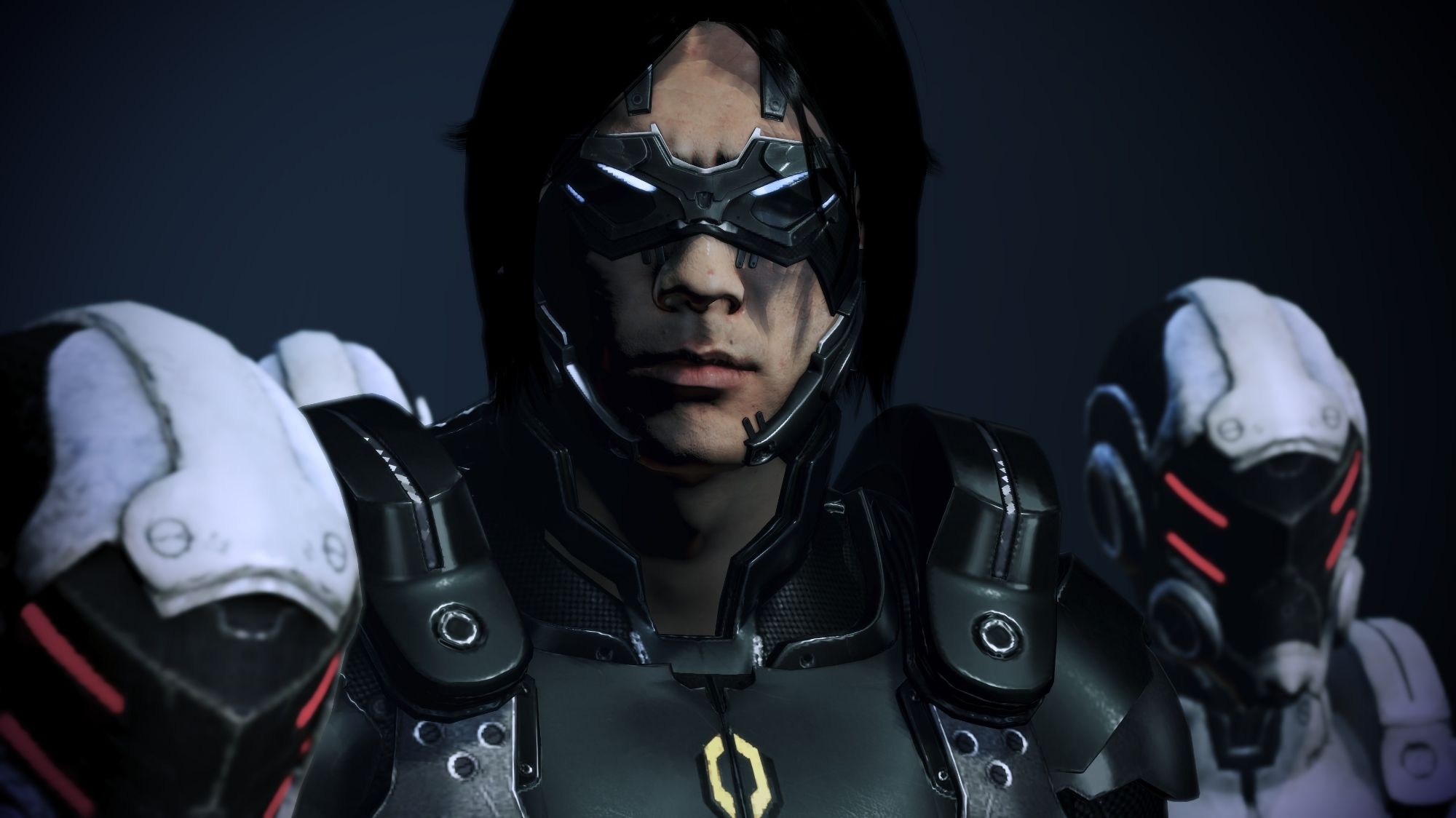 Fan favorite character Kai Leng. He has long black hair, fancy space glasses, and is flanked by two elite troopers. Screenshot taken by Reddit user SasoDuck.