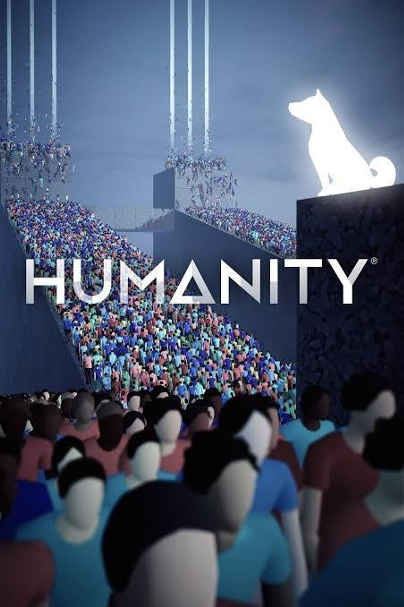 The cover for Humanity. A dog made of bright light looks over crowds of featureless humans walking up ramps and climbing a structure to ascend into a beam of light.