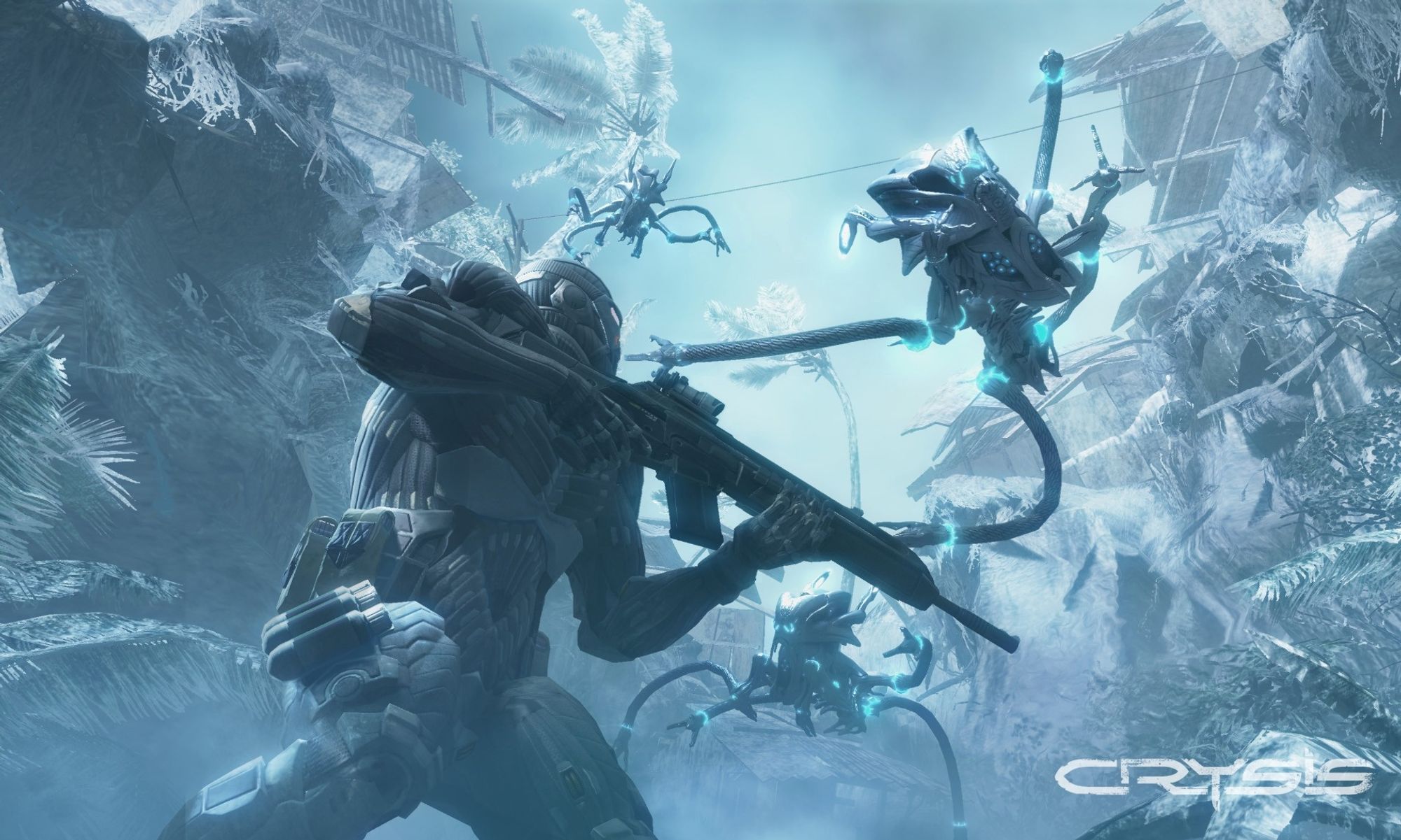 Nomad looks up at several squid like alien foes in an icy tropical forest.