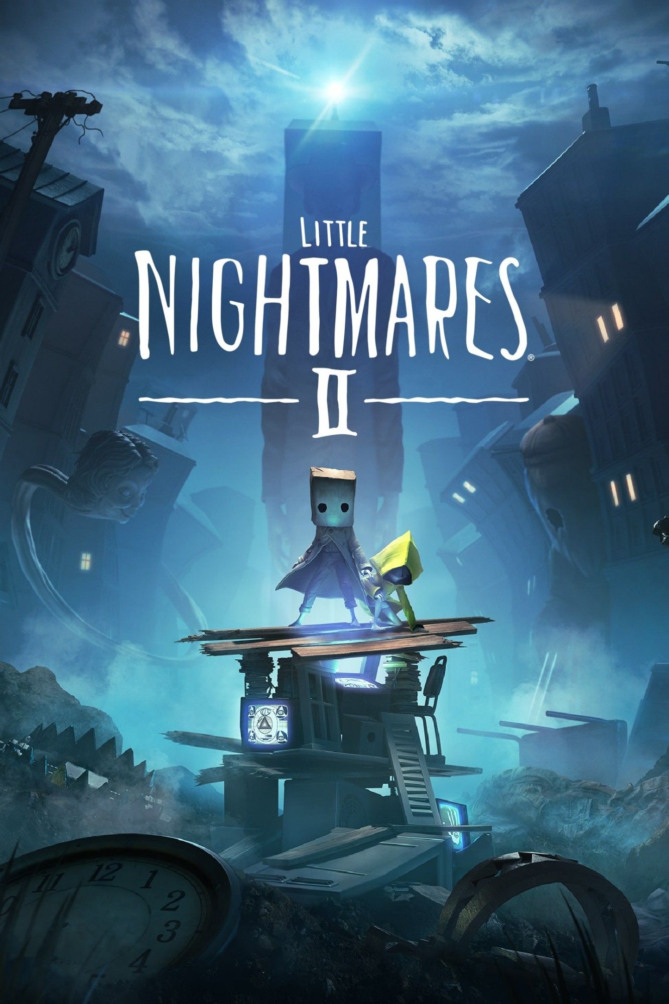 The cover art for the game, featuring a boy with a bag on his head and a girl in a yellow raincoat standing atop a pile of refuse.