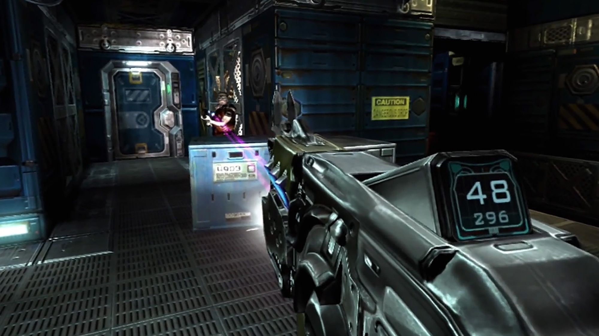 The player aims the marine's plasma rifle at a zombified Z-Sec guard wielding a shotgun. The plasma rifle's display readsa near full 48 rounds in the clip with 296 shots in reserve.