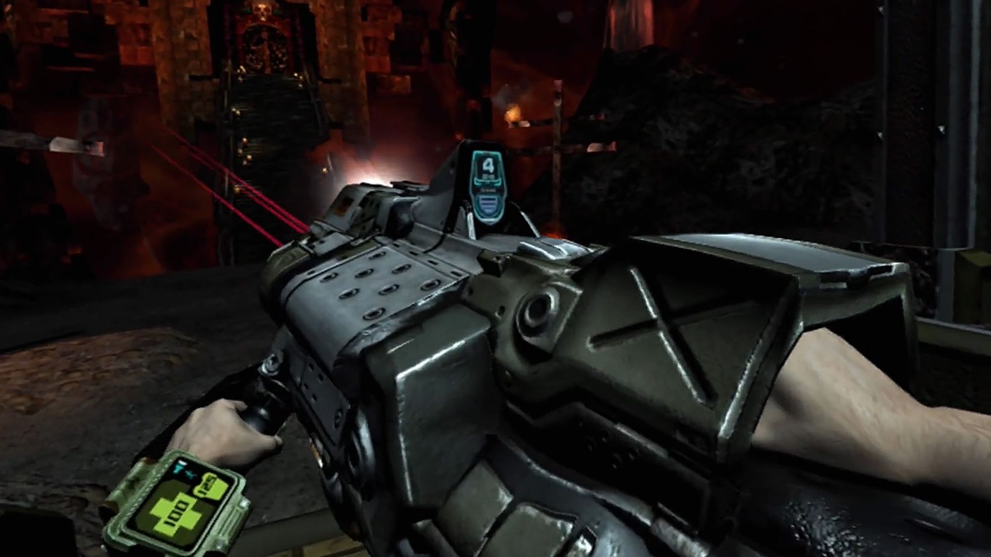 The player examines the marine's BFG at the entrance of the Hell level. The AVD reads full 100 health and full 125 armor, medium remaining flashlight battery, and full sprint (sprint is unlimited in Hell). The BFG's display reads a full 4 in the clip and 24 in reserve.