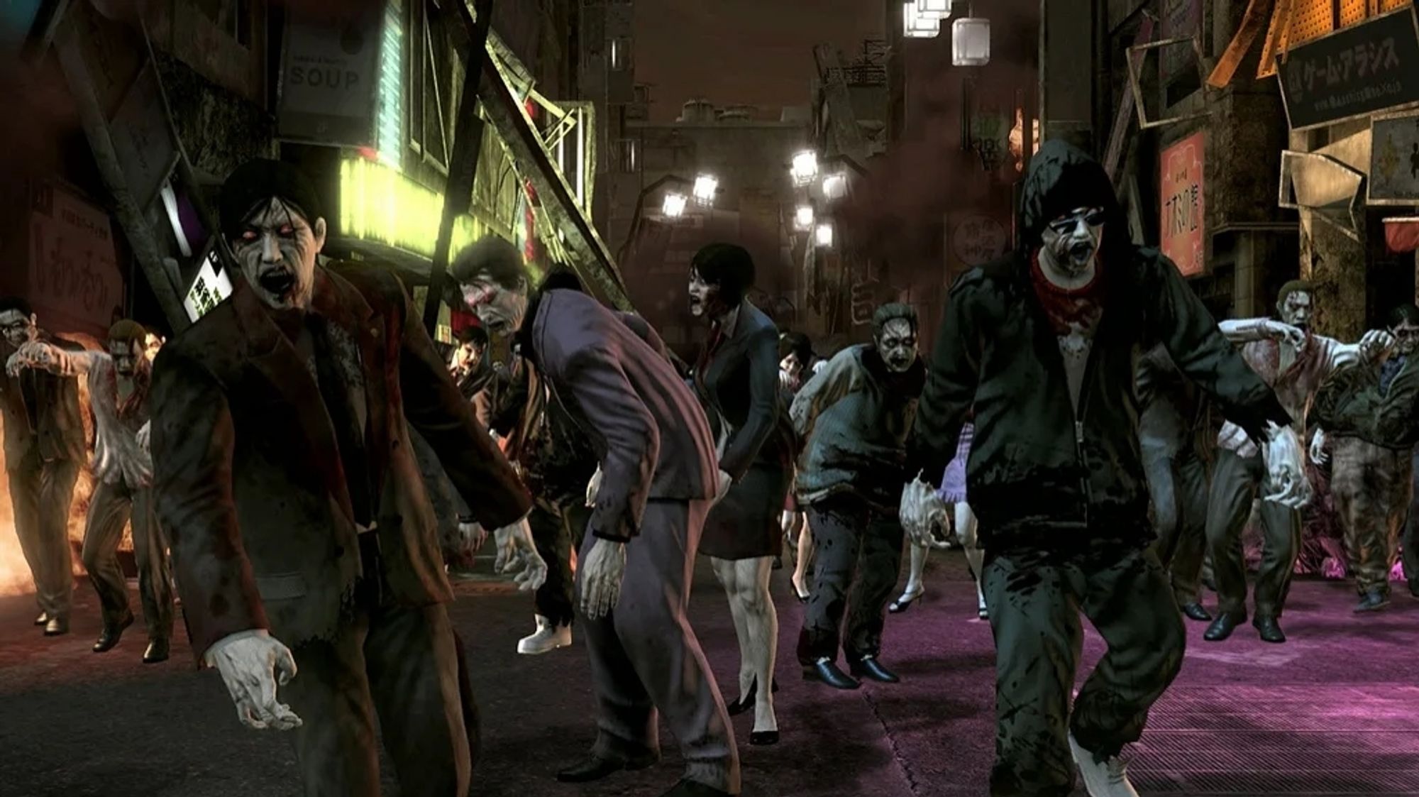 A horde of bloody zombies stumble through the destroyed streets of Tokyo.