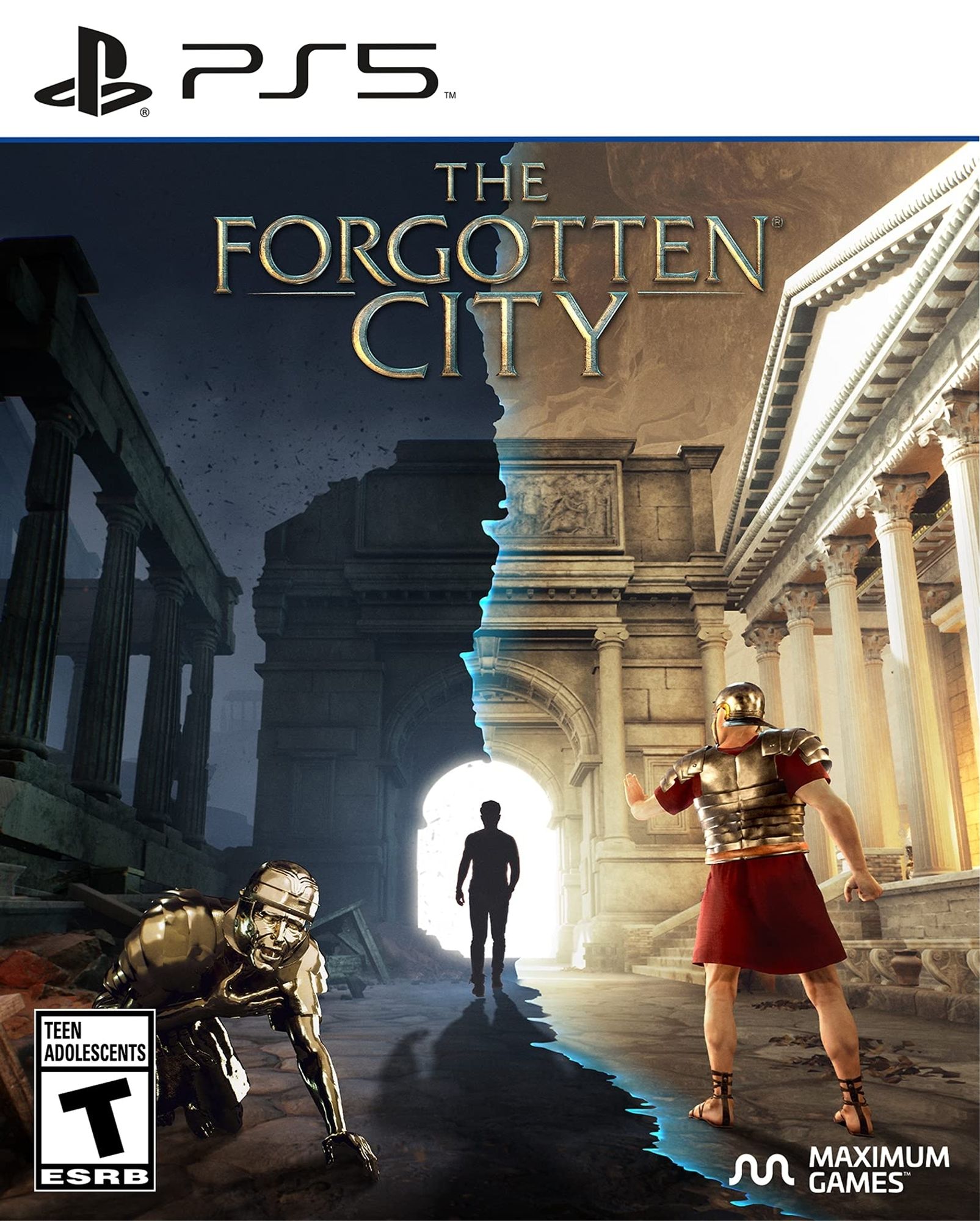 The cover art of the game. A split down the middle divides a gloomy crumbling city with a pained looking golden statue in the present and a pristine city and a man in period appropriate armor. In the middle is a figure cloaked in shadow.